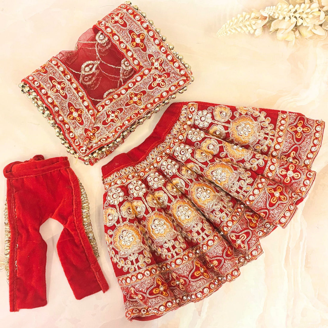 Handmade Sindūrāmbarā Mata Rani Dress - Designer Laddu Gopal Dress, Fancy Kanha Ji Poshak for Janmashtami, Bal Gopal & Krishna Ji Dress