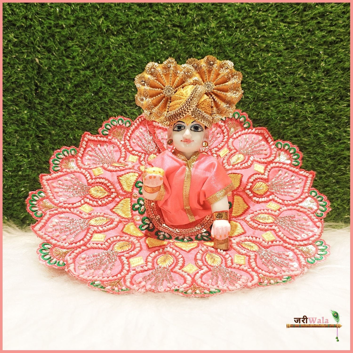 Handmade Designer Blended Thread Cutdana Work Gajri Poshak - Elegant Laddu Gopal Dress for Janmashtami, Kanha Ji Poshak, Bal Gopal Dress