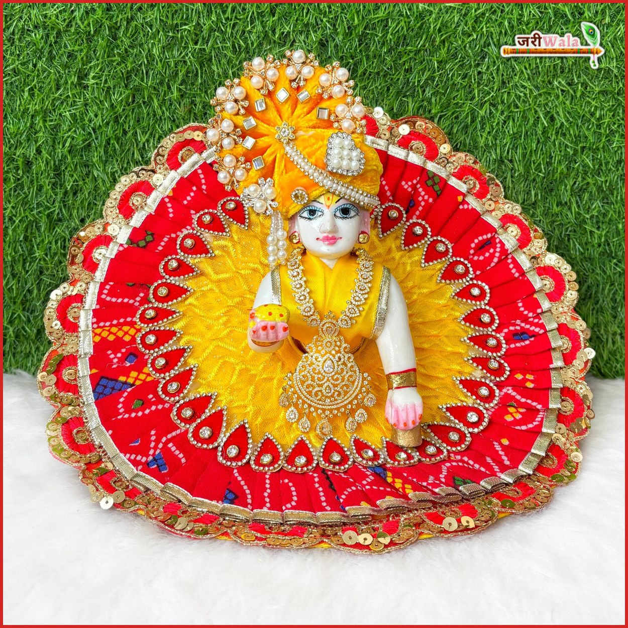 Handmade Cotton Bandhej Laddu Gopal Dress with Jarkan Stone Booti Work, Designer Poshak & Pagdi for Janmashtami - Kanha Ji & Bal Gopal Fancy Dress