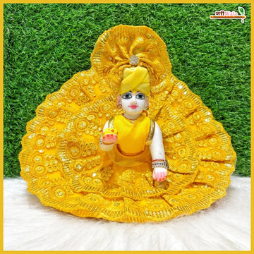Handmade Designer Blended Frill Thread Sitara Work Haldi Poshak with Pagdi & Patka for Laddu Gopal, Kanha Ji, Bal Gopal, and Krishna Ji - Perfect for Janmashtami Festival