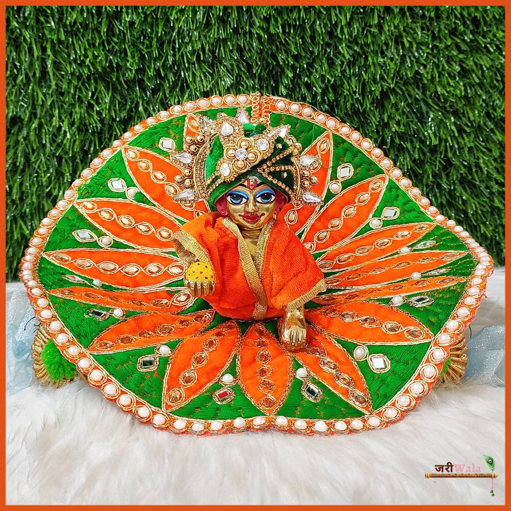 Handmade Shaneel Thread Orange Poshak with Moti Work - Designer Laddu Gopal Dress, Kanha Ji Poshak for Janmashtami Celebrations