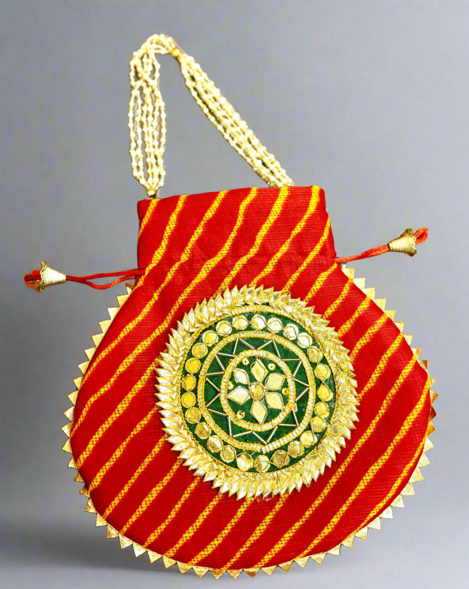Handmade Red Kota Doriya Potli with Pearl Handle - Designer Laddu Gopal Dress, Kanha Ji Poshak, Bal Gopal Dress for Janmashtami Festival