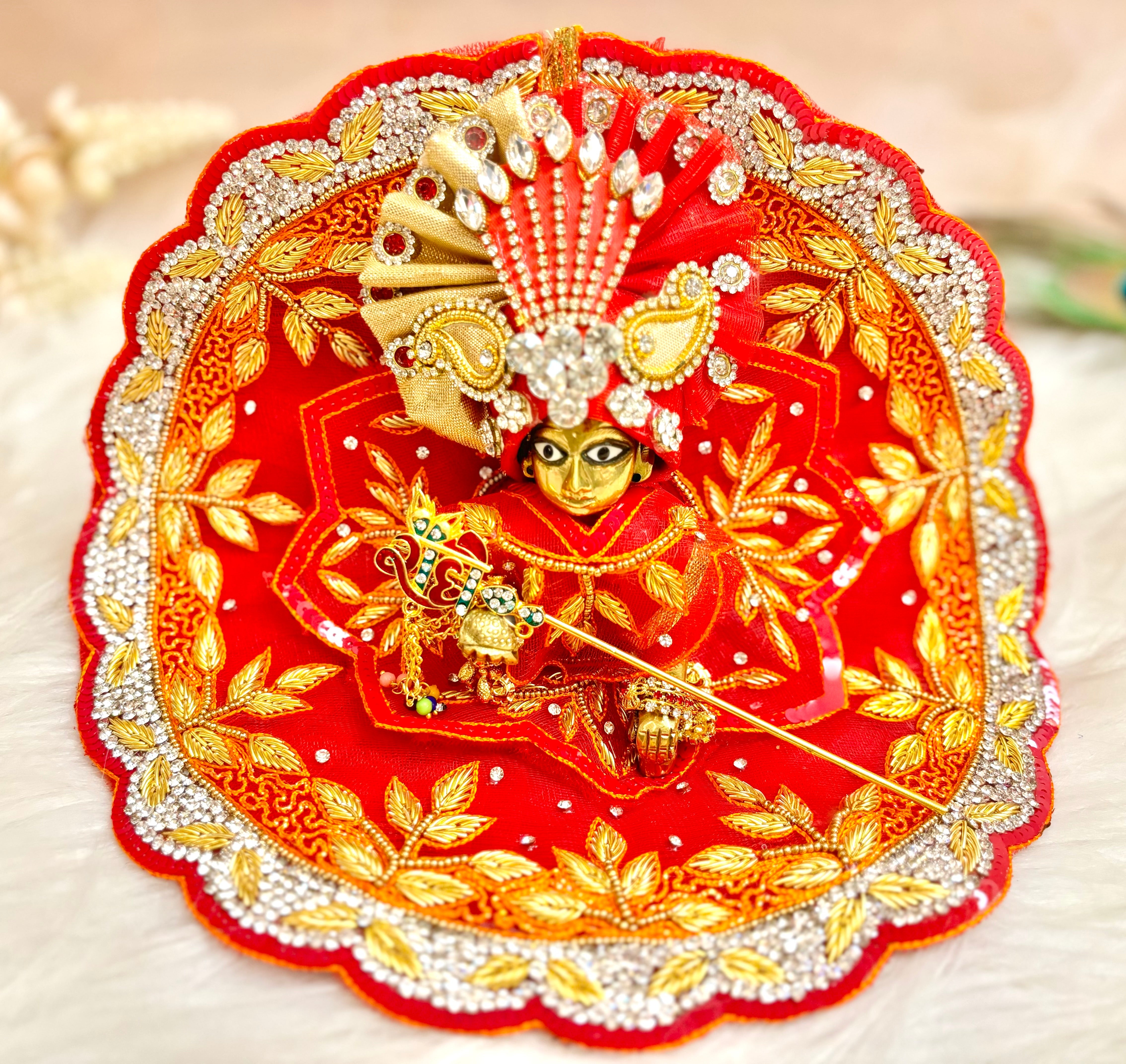 Handmade Luxe Golden Red Leaf Laddu Gopal Dress Set - 5 Piece Designer Poshak for Kanha Ji, Bal Gopal & Krishna Ji - Perfect for Janmashtami Festival