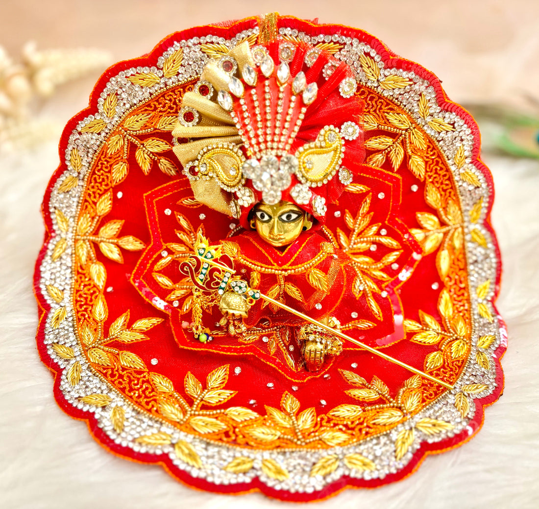 Luxe Handmade Golden Red Leaf Laddu Gopal Dress Set - 5 Piece Designer Poshak for Kanha Ji, Bal Gopal & Krishna Ji - Perfect for Janmashtami Festival