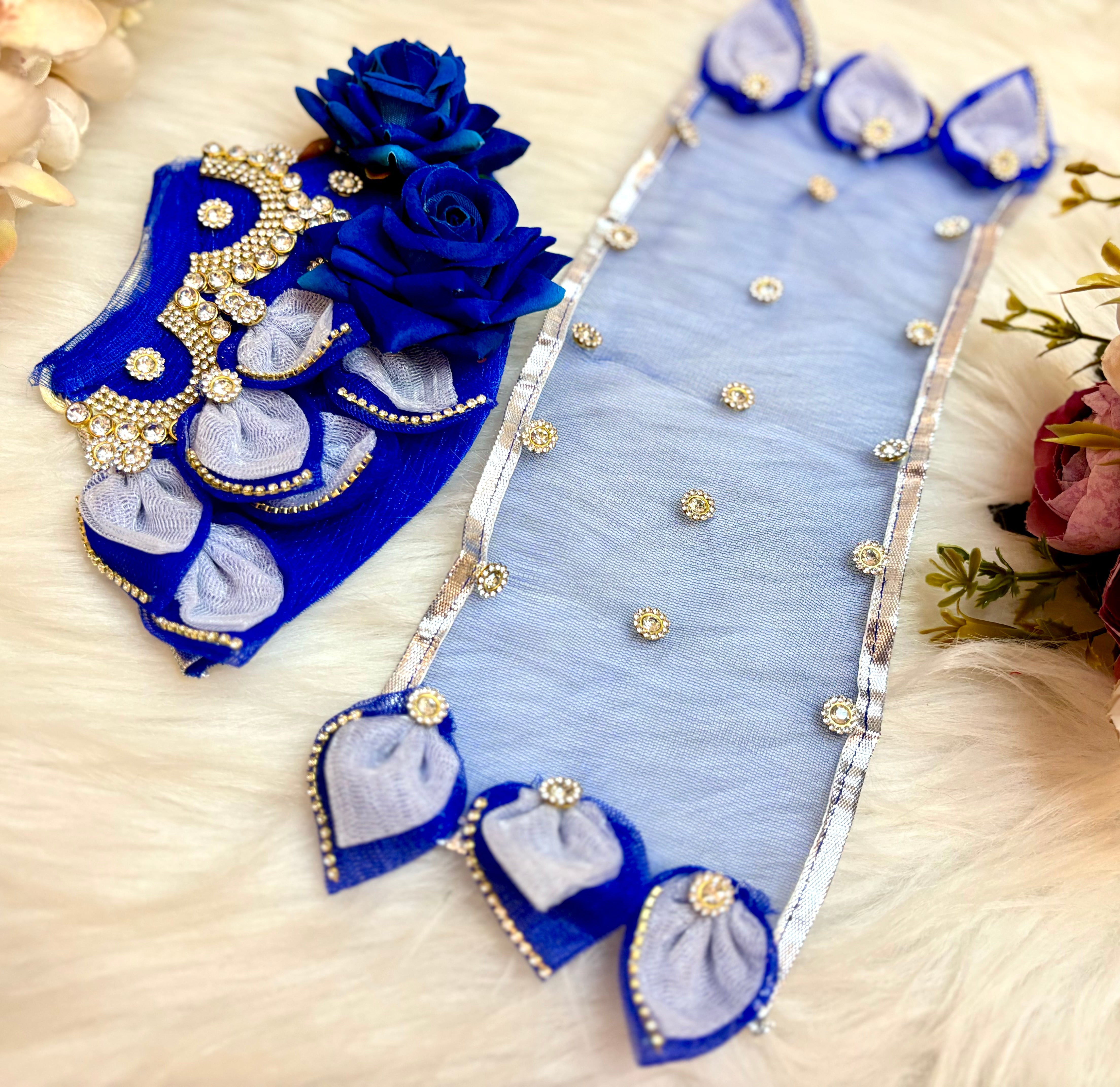 Handmade Designer Blue Rose Lehenga & Dhoti Set - 7 Piece Laddu Gopal Dress for Janmashtami | Kanha Ji Poshak & Bal Gopal Dress
