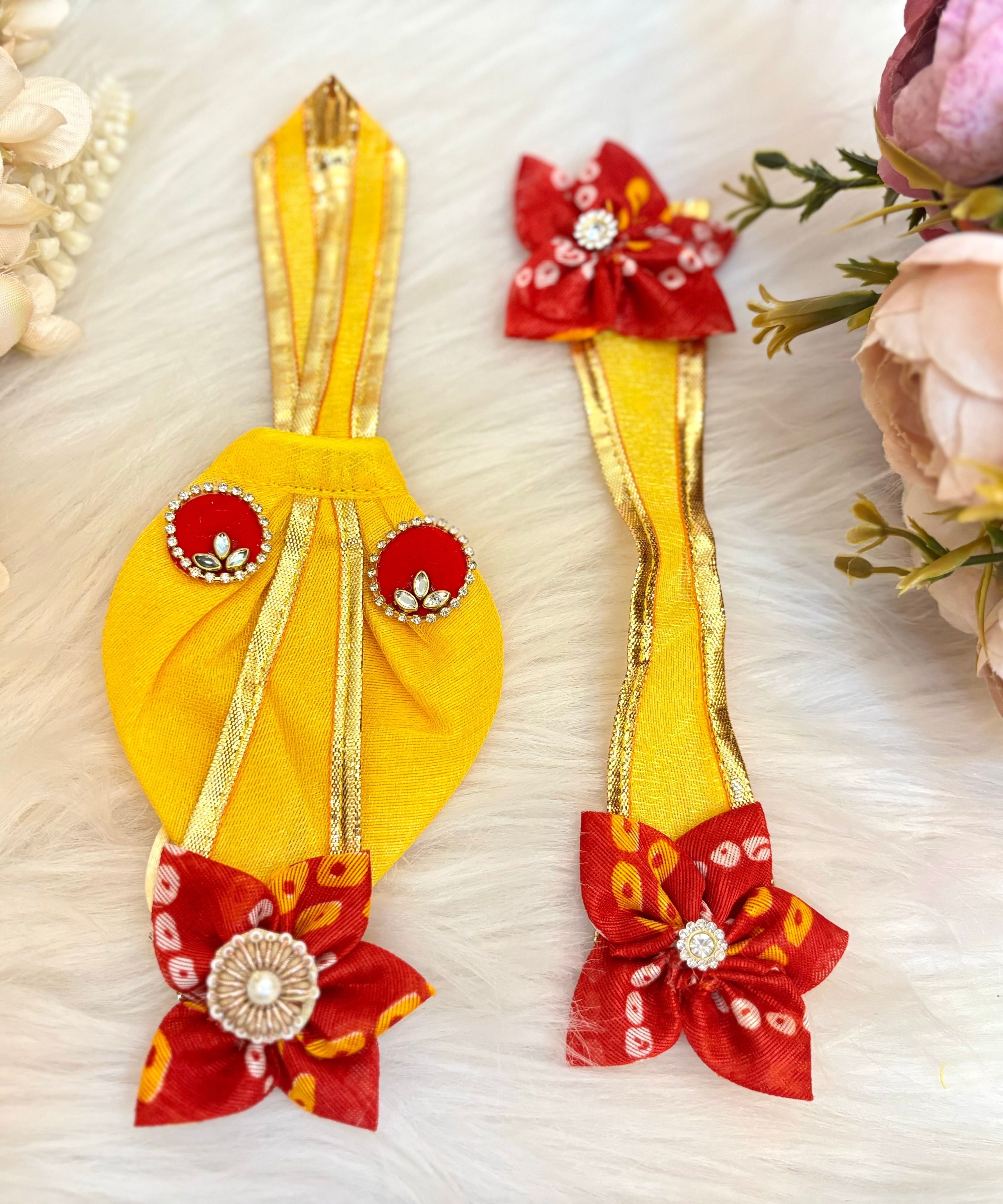 Handmade Yellow Parrot Lehenga & Dhoti Set - 6 Piece Designer Dress for Laddu Gopal, Kanha Ji, Bal Gopal & Krishna Ji - Perfect for Janmashtami Festival