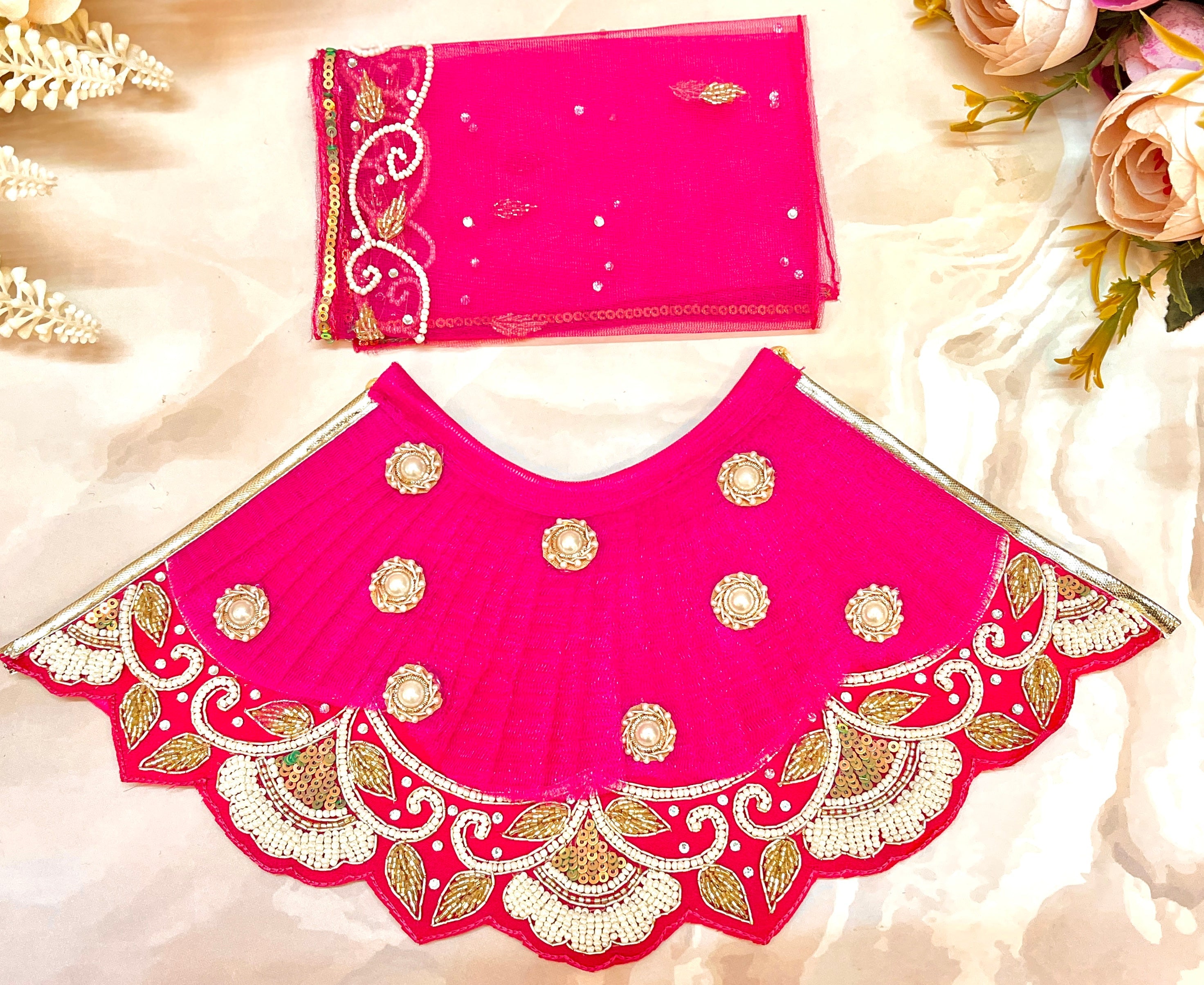Luxe Handmade Pink Pearl & Sequence Lehenga Set - Designer Choli & Dupatta for Laddu Gopal Dress, Kanha Ji Poshak, Bal Gopal Dress, Janmashtami Celebration