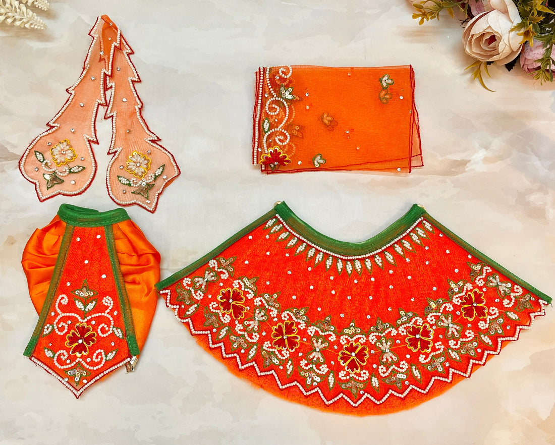 Handmade Luxe 6-Piece Set: Kesari Lehenga & Dhoti for Laddu Gopal Dress, Kanha Ji Poshak, Bal Gopal Dress - Perfect for Janmashtami Festival