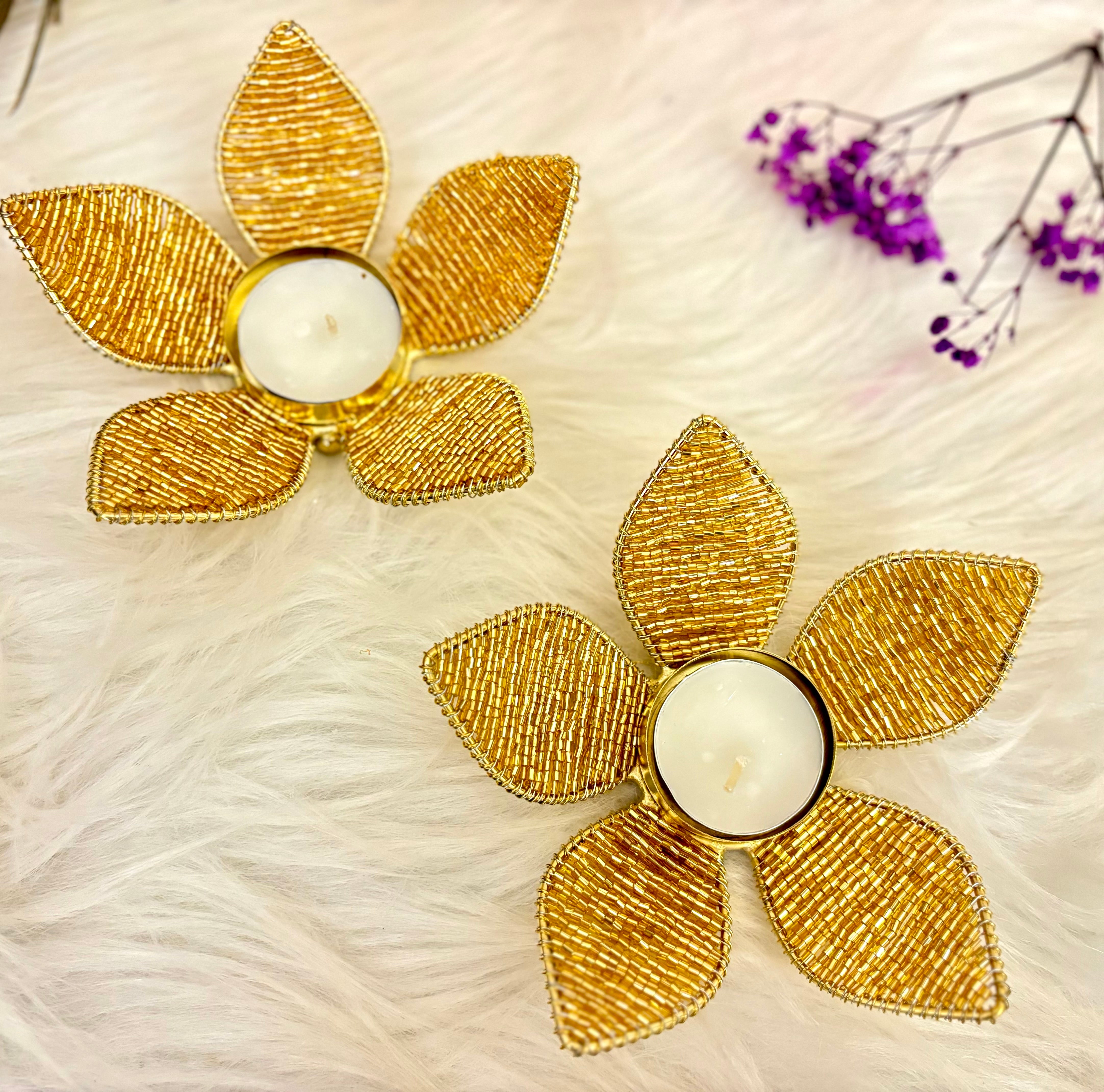 Handmade Sparkling Golden Tealight Holders - Pack of 2 for Janmashtami | Perfect for Laddu Gopal Dress, Kanha Ji Poshak & Bal Gopal Decor