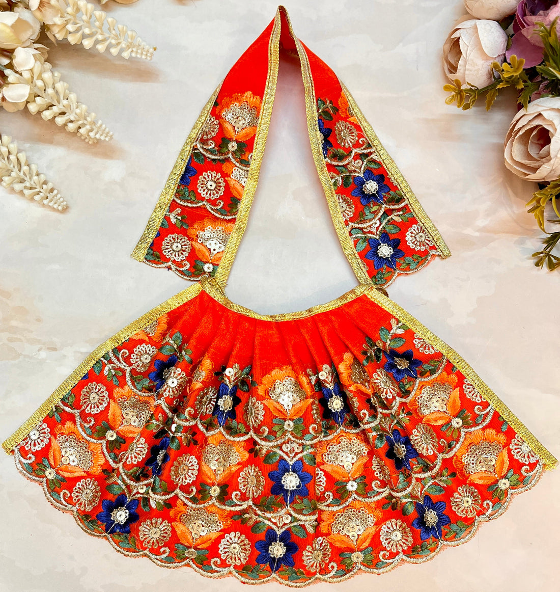 Handmade Designer Mata Rani Lehenga & Patka Set - Orange Flower | Perfect for Laddu Gopal Dress, Kanha Ji Poshak, and Janmashtami Celebrations