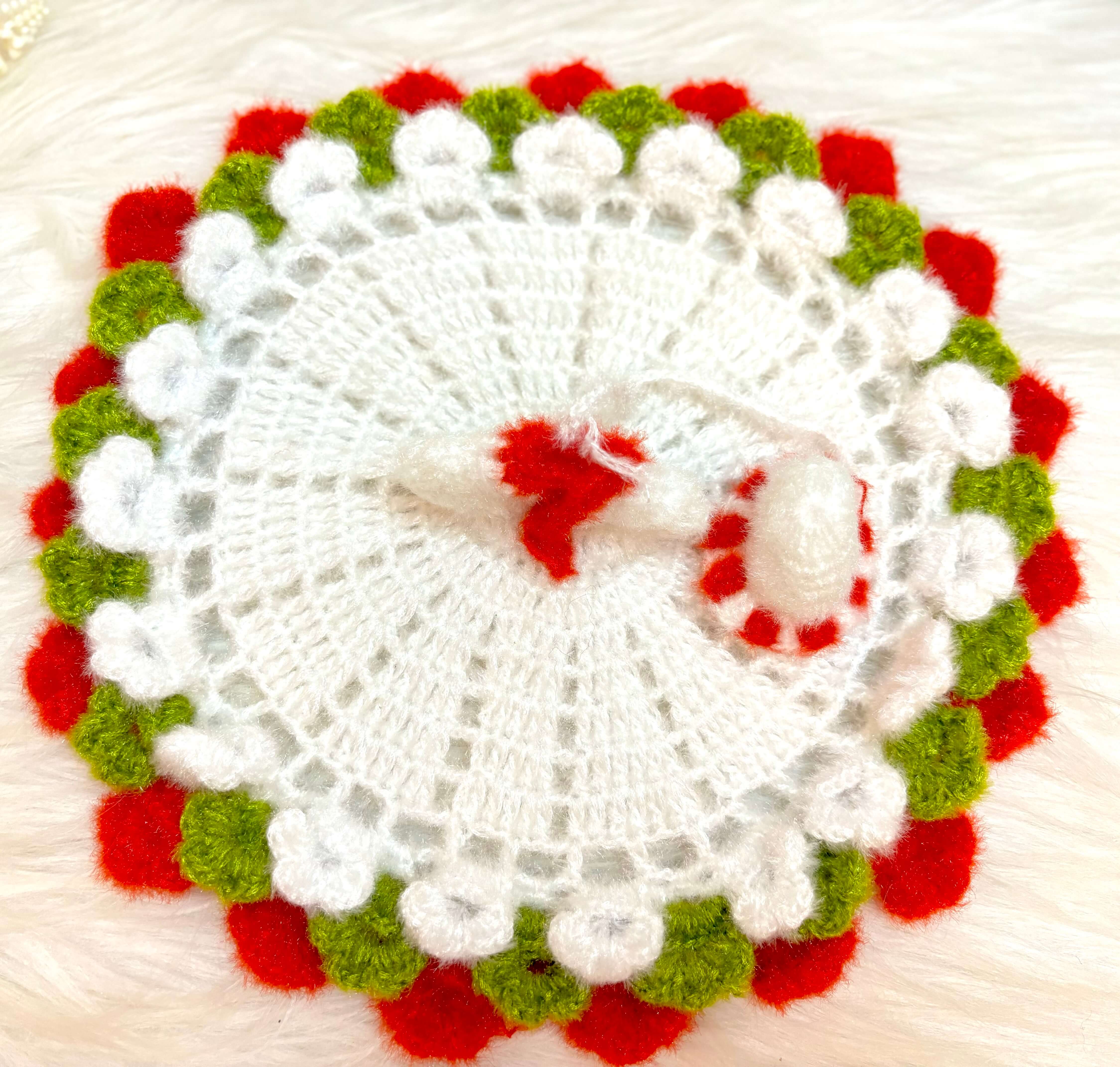 Handmade Red & White Woollen Laddu Gopal Dress - Designer Kanha Ji Poshak for Janmashtami, Fancy Bal Gopal Dress, Krishna Ji Dress