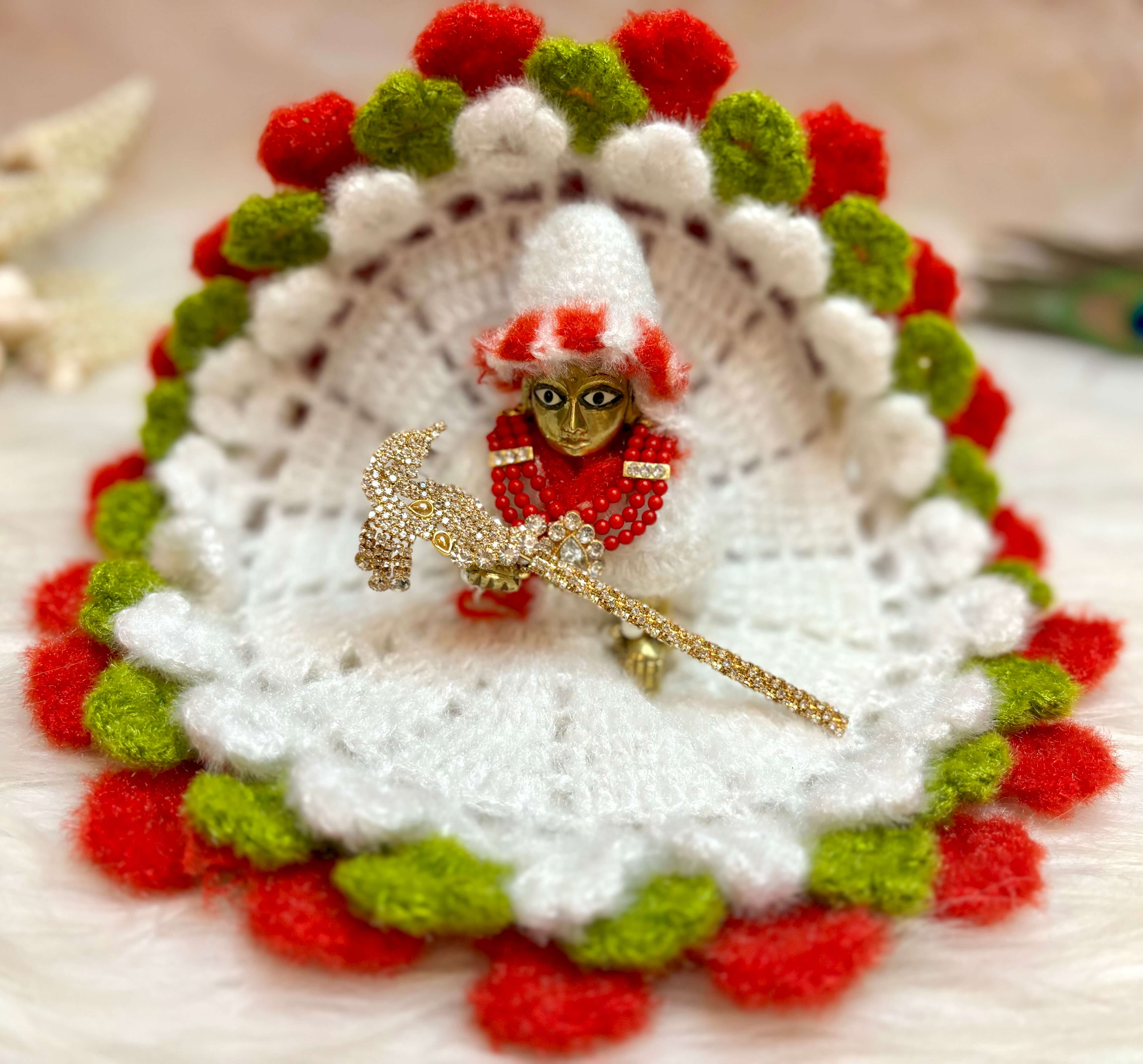 Handmade Red & White Woollen Laddu Gopal Dress - Designer Kanha Ji Poshak for Janmashtami, Fancy Bal Gopal Dress, Krishna Ji Dress