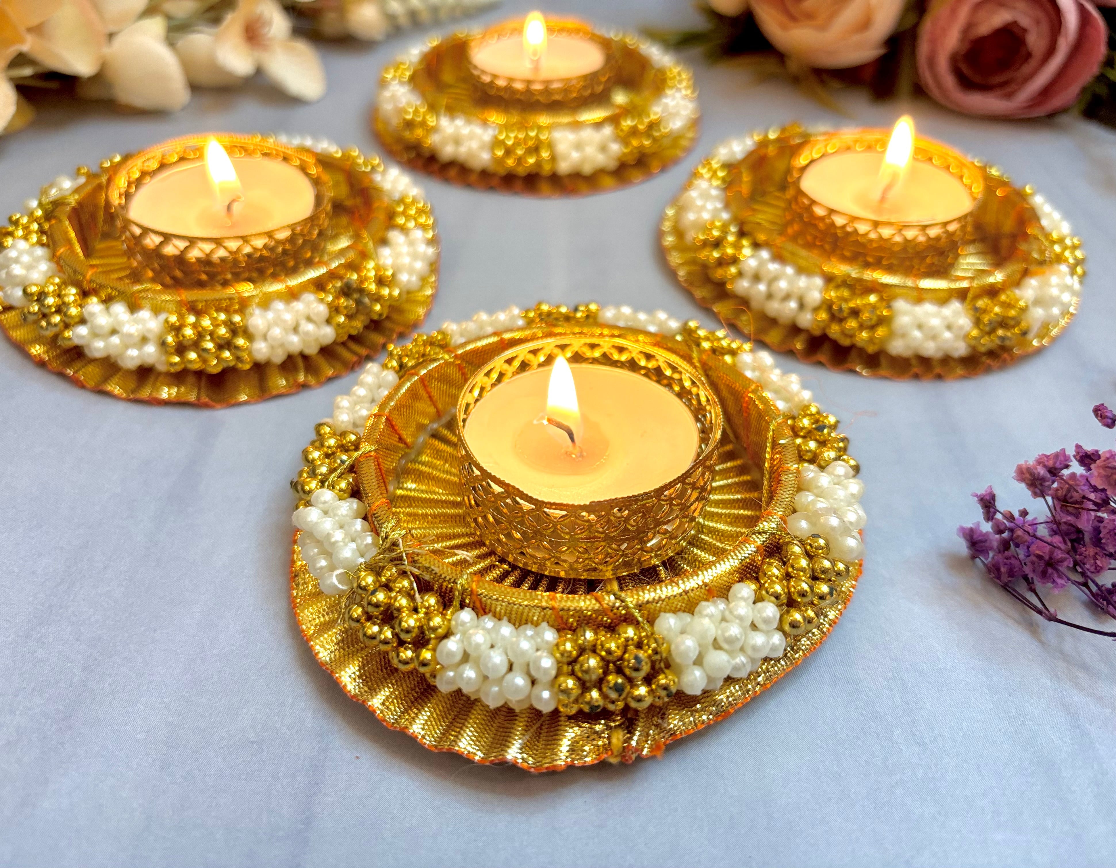 Handmade Golden Pearl Tealight Holders - Set of 4 for Janmashtami Celebrations | Perfect for Laddu Gopal Dress, Kanha Ji Poshak & Bal Gopal Decor