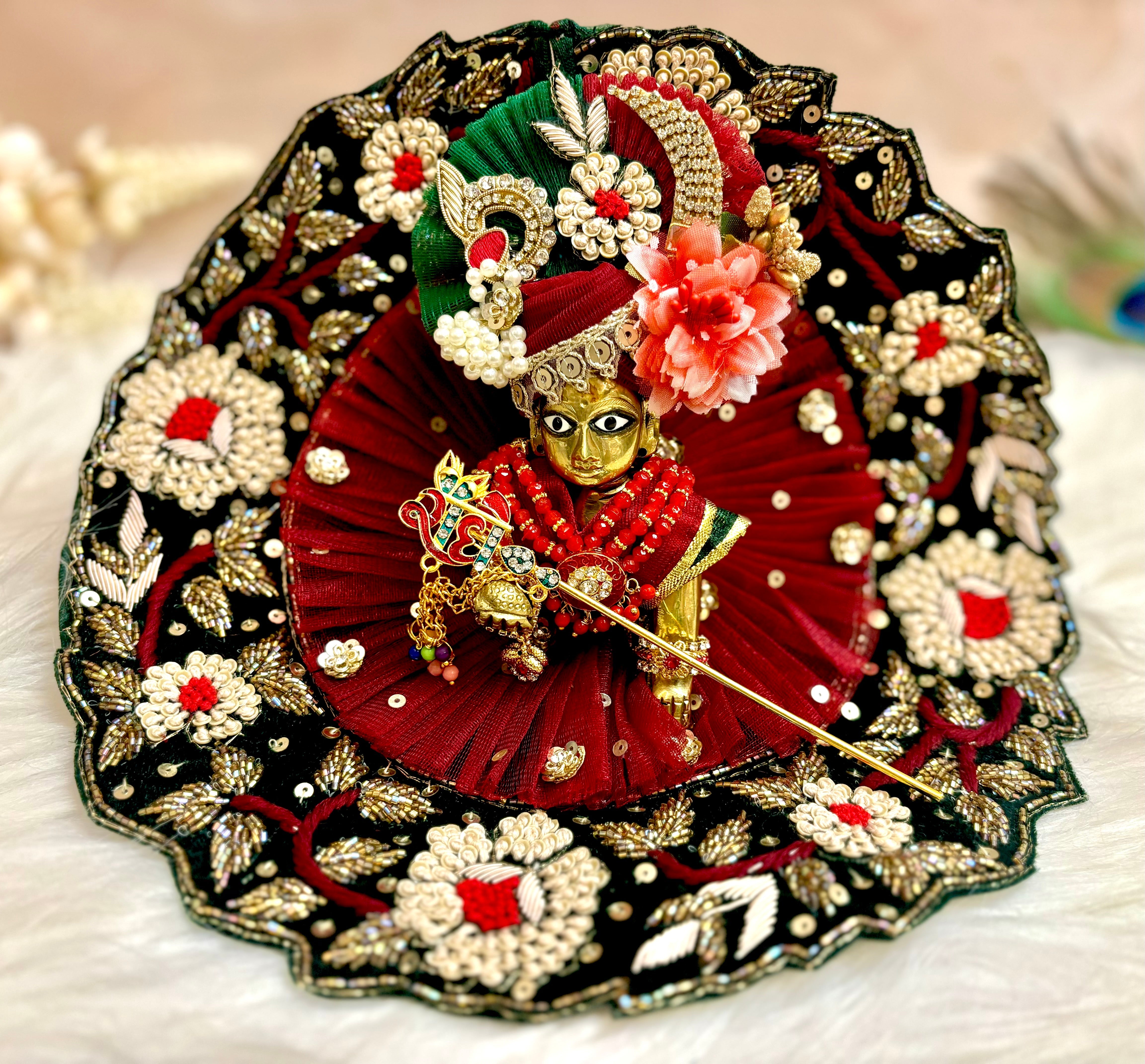 Handmade Luxe Maroon & Bottle Green Velvet Laddu Gopal Dress Set - Designer Kanha Ji Poshak for Janmashtami & Festivals (4 Pieces)