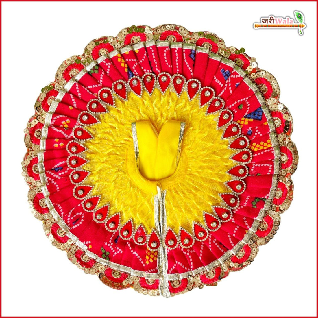 Handmade Cotton Bandhej Laddu Gopal Dress with Jarkan Stone Booti Work, Designer Poshak & Pagdi for Janmashtami - Kanha Ji & Bal Gopal Fancy Dress