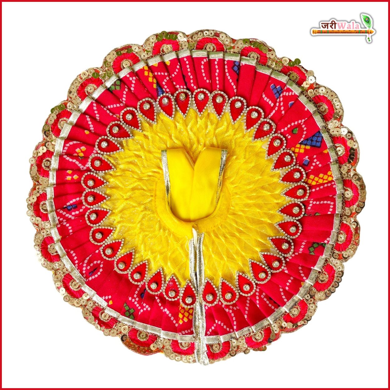 Handmade Cotton Bandhej Laddu Gopal Dress with Jarkan Stone Booti Work, Designer Poshak & Pagdi for Janmashtami - Kanha Ji & Bal Gopal Fancy Dress