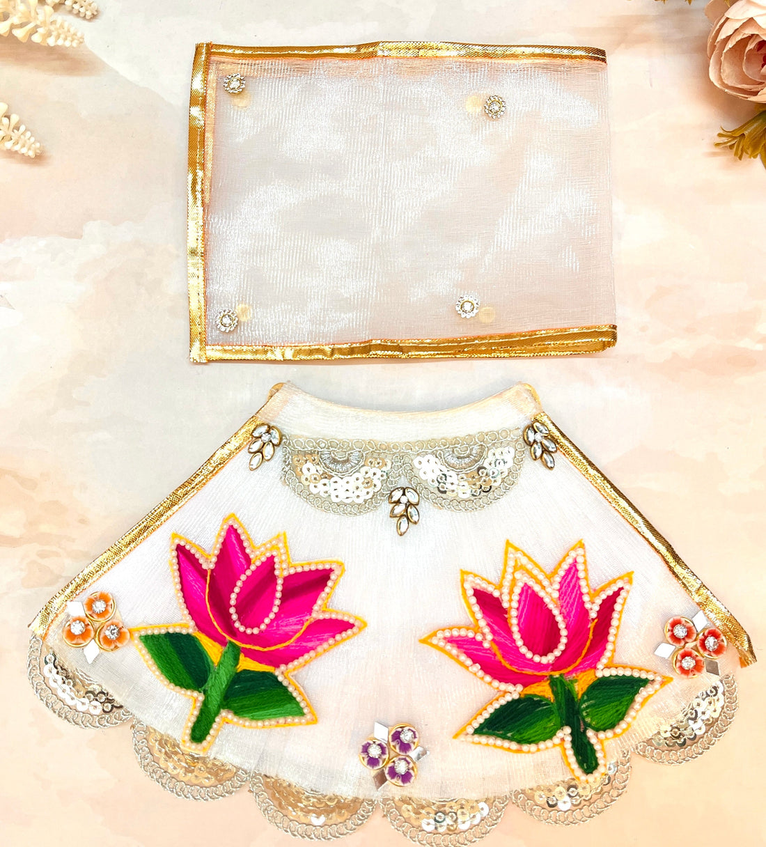 Handmade Designer Mata Rani White & Pink Lotus Lehenga Set - Perfect for Laddu Gopal Dress, Kanha Ji Poshak, Bal Gopal Dress for Janmashtami