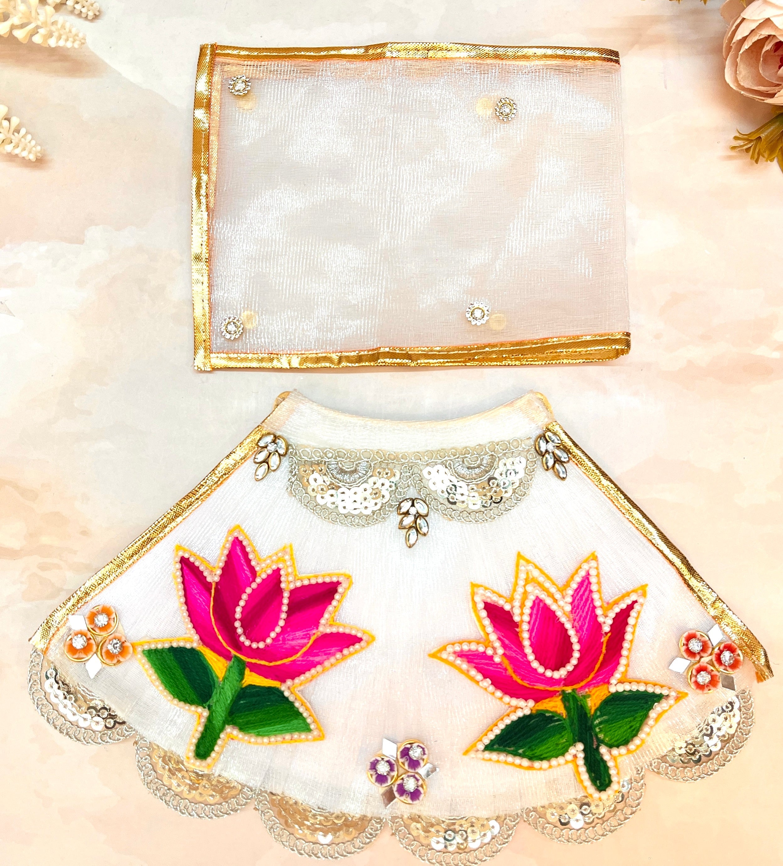Handmade Designer Mata Rani White & Pink Lotus Lehenga Set - Perfect for Laddu Gopal Dress, Kanha Ji Poshak, Bal Gopal Dress for Janmashtami