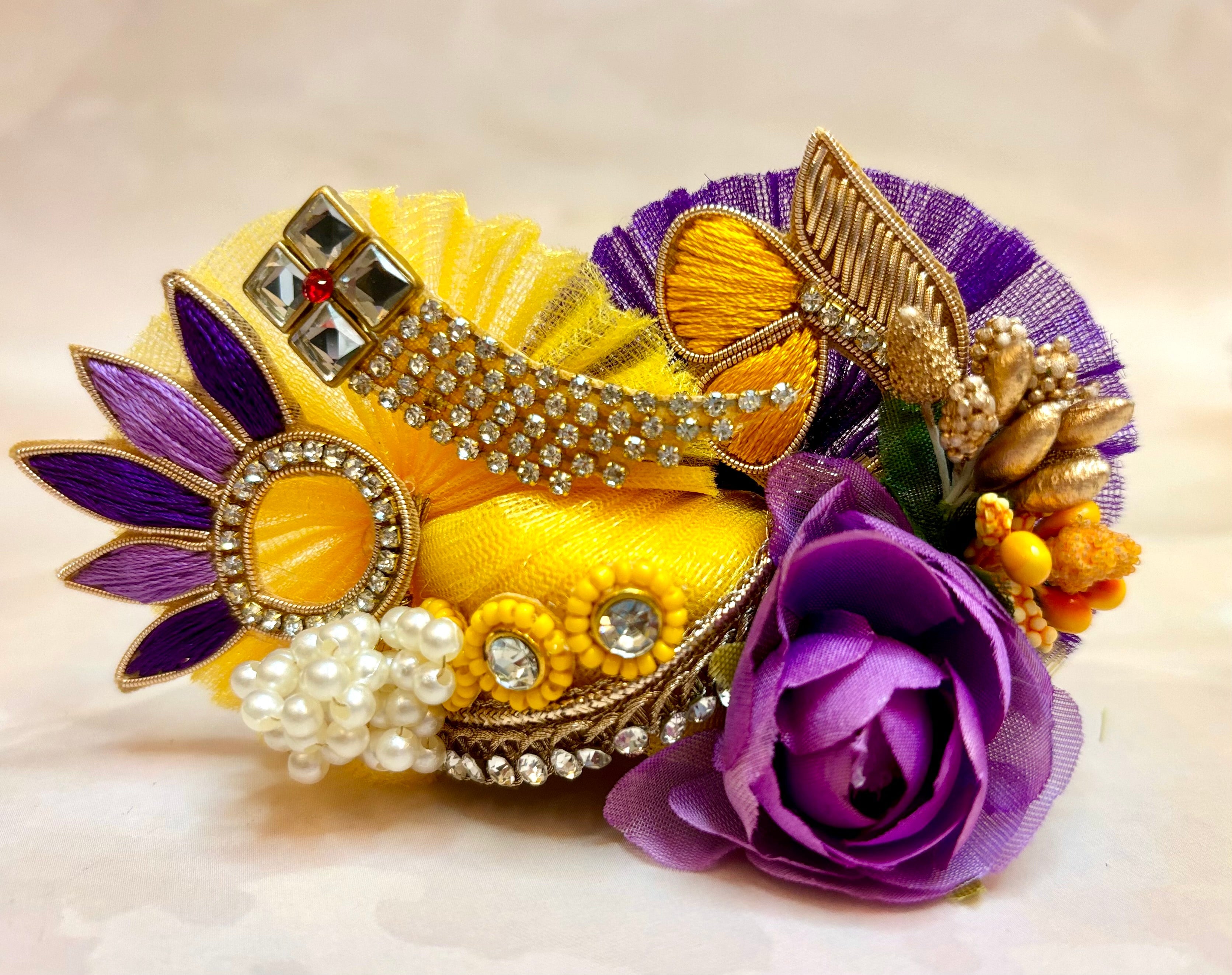Luxe Mustard Yellow Laddu Gopal Dress with Purple Embroidery | Designer Kanha Ji Poshak for Janmashtami | Fancy Bal Gopal Dress