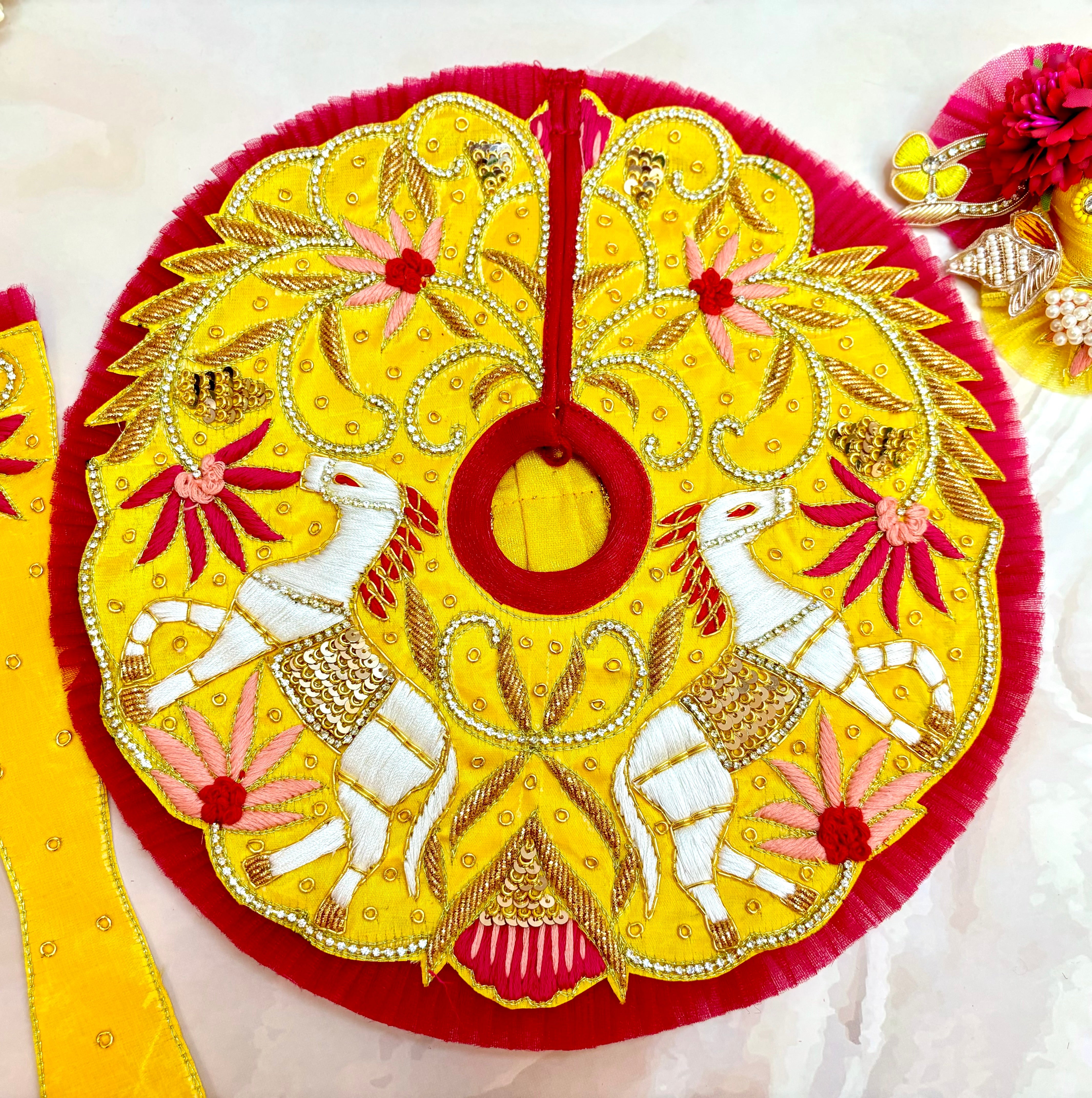Luxe Hand-Embroidered Laddu Gopal Dress Set - Yellow & Pink Designer Poshak for Kanha Ji, Bal Gopal & Krishna Ji - Perfect for Janmashtami Celebrations