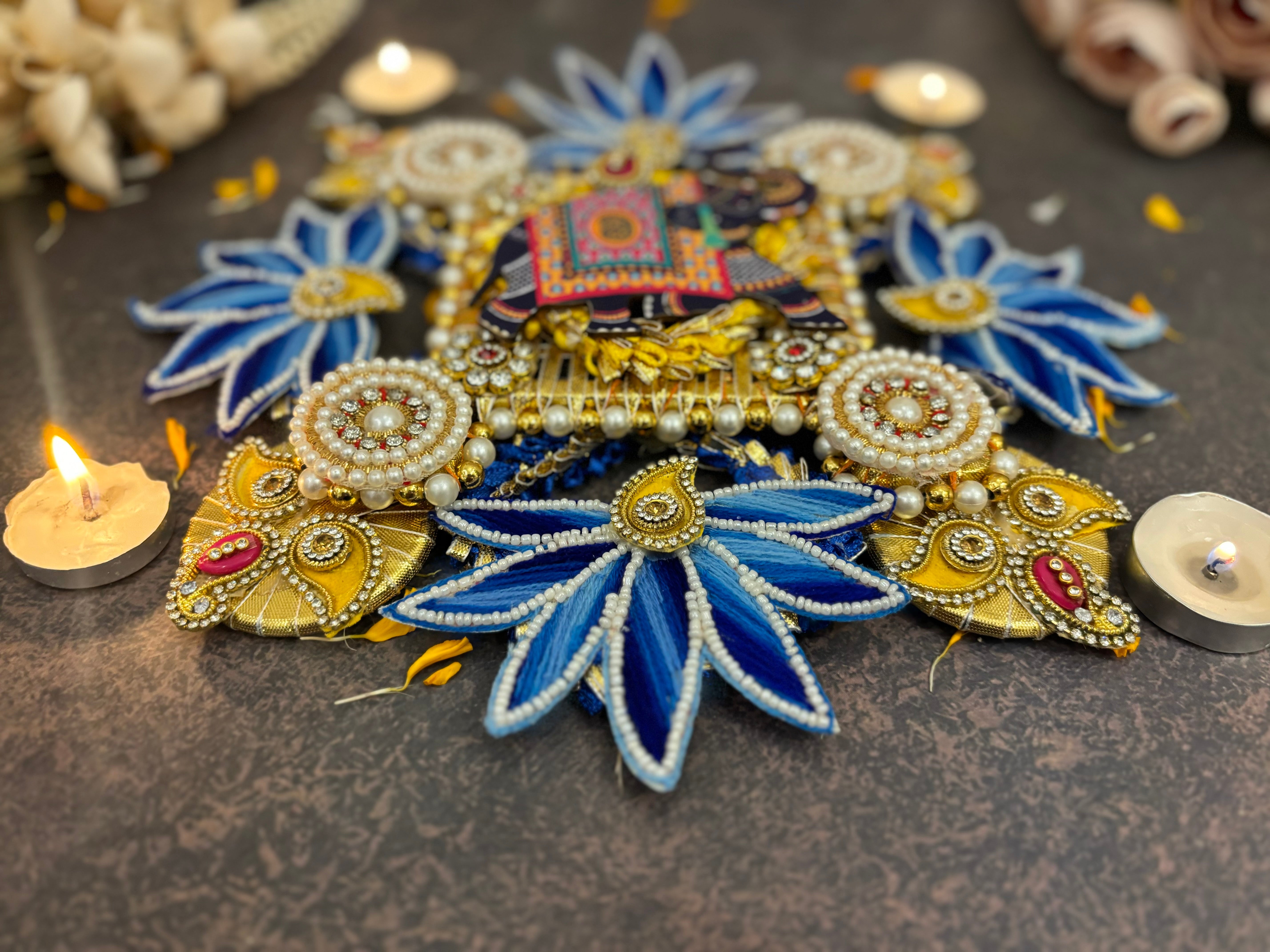 Handmade Ocean Lotus Rangoli Centre Decor Piece - Perfect for Janmashtami, Featuring Laddu Gopal Dress, Kanha Ji Poshak, and Bal Gopal Dress