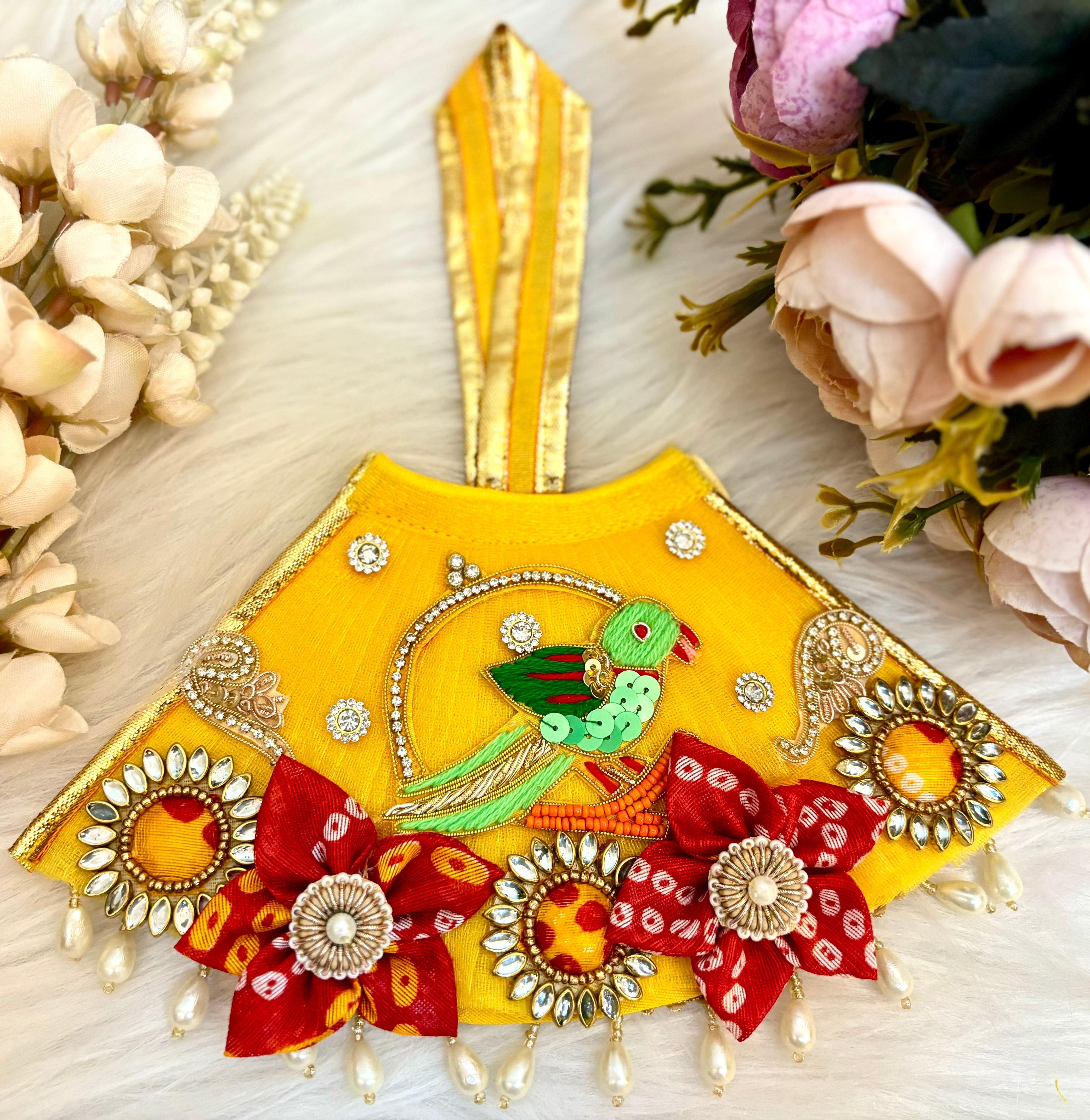 Handmade Yellow Parrot Lehenga & Dhoti Set - 6 Piece Designer Dress for Laddu Gopal, Kanha Ji, Bal Gopal & Krishna Ji - Perfect for Janmashtami Festival