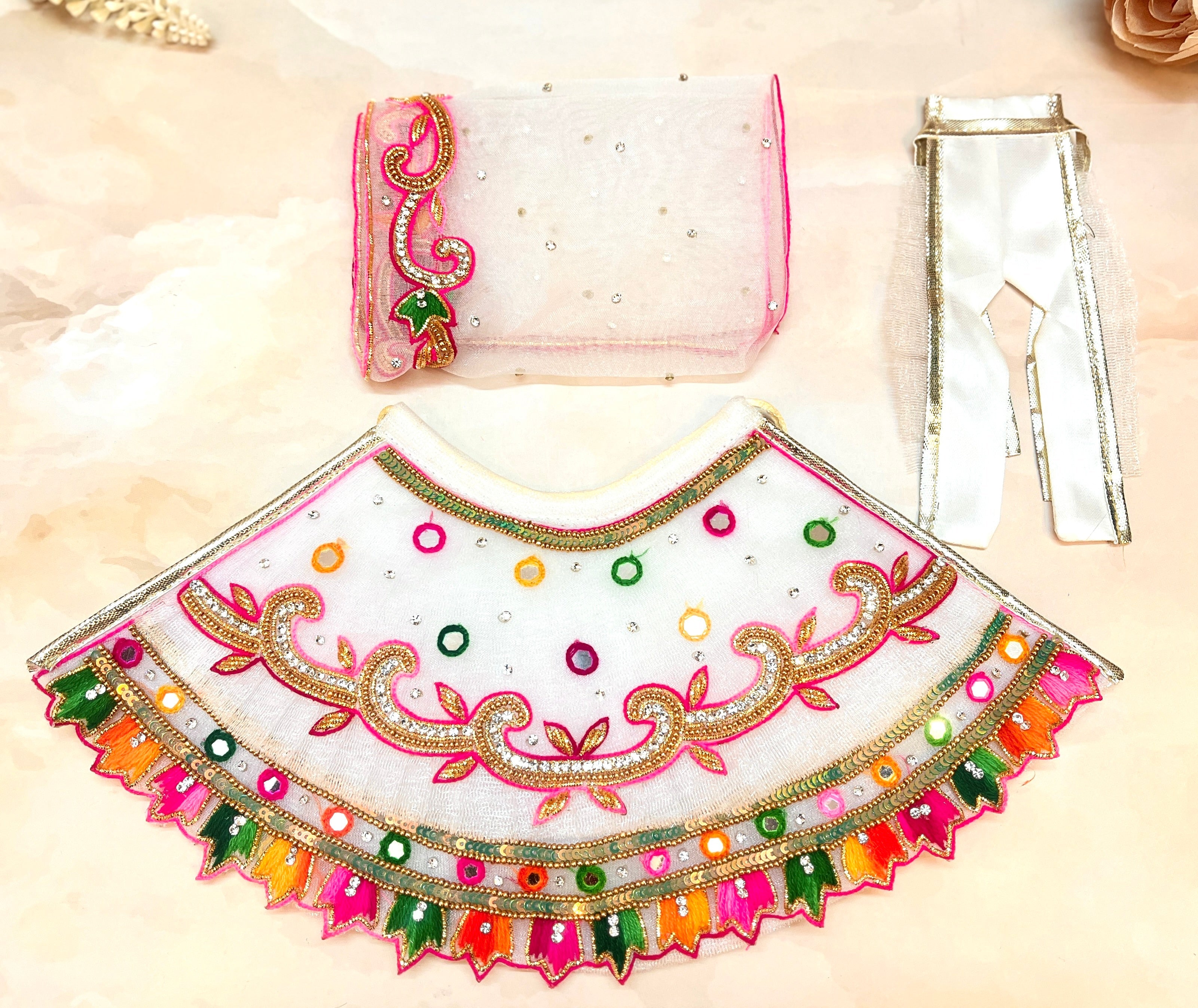 Luxe Handmade Mata Rani White Lehenga Set - 3 Piece Choli & Dupatta for Laddu Gopal Dress, Kanha Ji Poshak, Bal Gopal & Krishna Ji Dress - Perfect for Janmashtami Festival