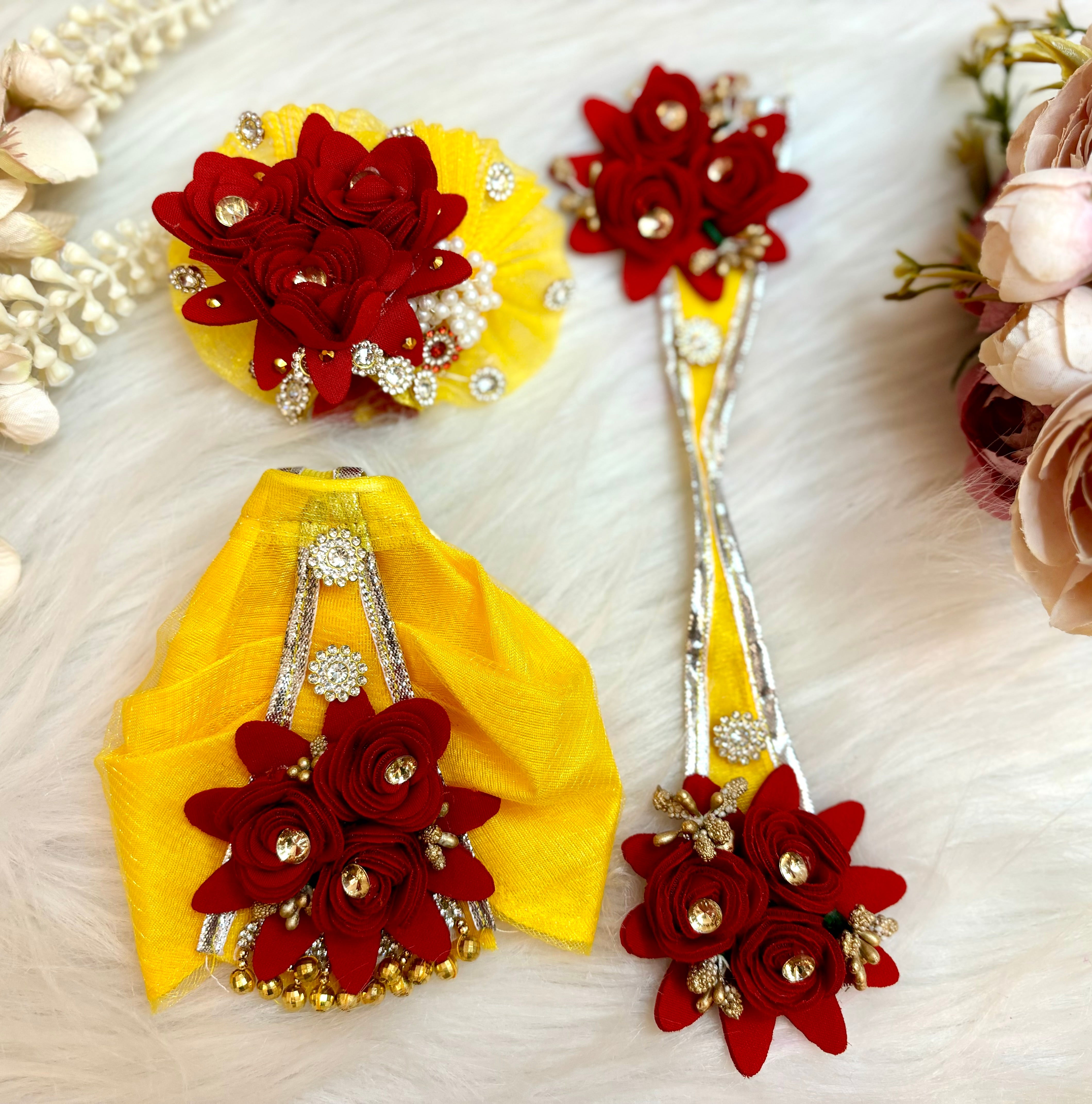 Handmade Designer Yellow & Maroon Flower Lehenga & Dhoti Set for Laddu Gopal, Kanha Ji, Bal Gopal & Krishna Ji - 7 Piece Festival Dress for Janmashtami