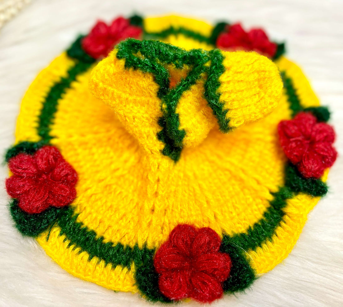 Handmade Yellow Green & Red Flower Woollen Laddu Gopal Dress | Designer Kanha Ji Poshak for Janmashtami | Fancy Bal Gopal & Krishna Ji Dress