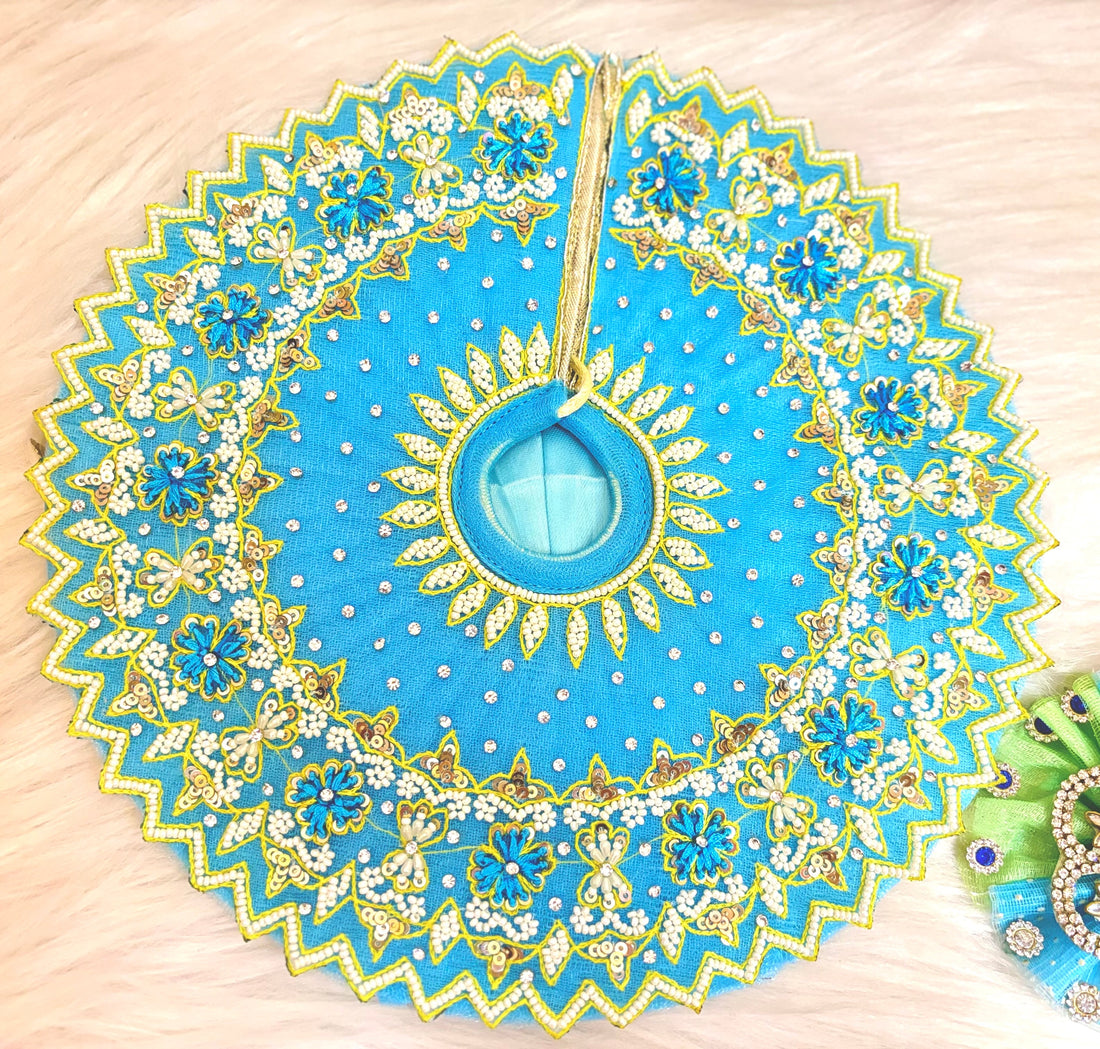 Handmade Sky Blue Pearl Hand Embroidered Laddu Gopal Dress - 4 Piece Designer Poshak Set for Janmashtami, Kanha Ji, Bal Gopal & Krishna Ji