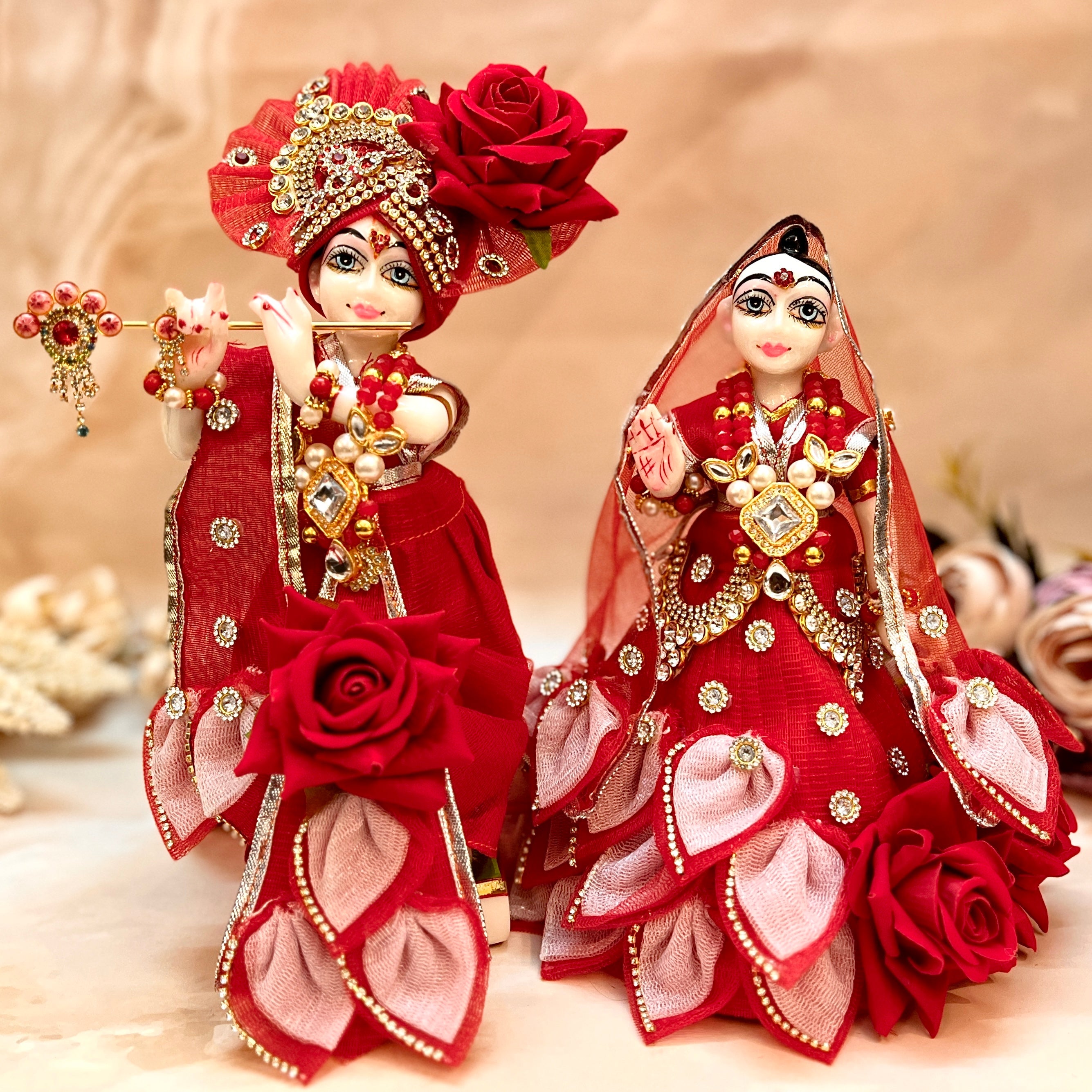 Handmade 7-Piece Red Rose Lehenga & Dhoti Set for Laddu Gopal | Designer Kanha Ji Poshak & Bal Gopal Dress for Janmashtami Festival