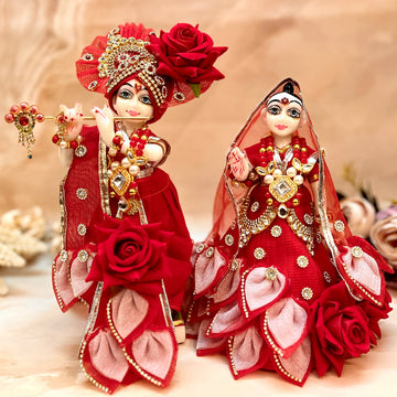 Handmade 7-Piece Red Rose Lehenga & Dhoti Set for Laddu Gopal | Designer Kanha Ji Poshak & Bal Gopal Dress for Janmashtami Festival