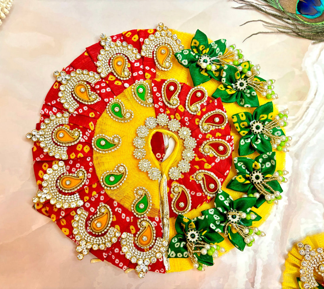 Handmade Yellow Red Bandhej Laddu Gopal Dress Set - 4 Piece Designer Poshak for Kanha Ji, Bal Gopal & Krishna Ji - Perfect for Janmashtami Festival