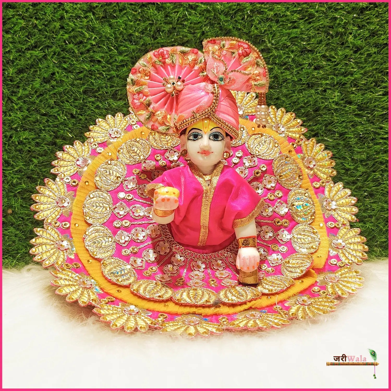 Handmade Designer Blended Frill Thread Lace Work Magenta & Yellow Laddu Gopal Dress | Fancy Kanha Ji Poshak for Janmashtami & Festivals