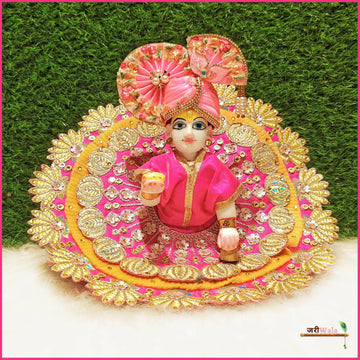 Handmade Designer Blended Frill Thread Lace Work Magenta & Yellow Laddu Gopal Dress | Fancy Kanha Ji Poshak for Janmashtami & Festivals