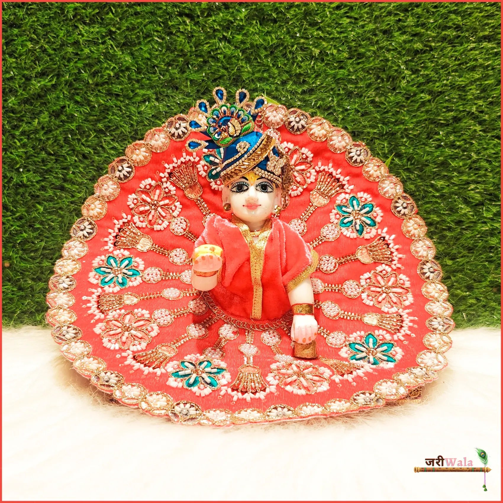 Handmade Designer Gajri Laddu Gopal Dress with Cutdana Moti Work | Fancy Kanha Ji Poshak for Janmashtami & Festivals | Bal Gopal & Krishna Ji Dress