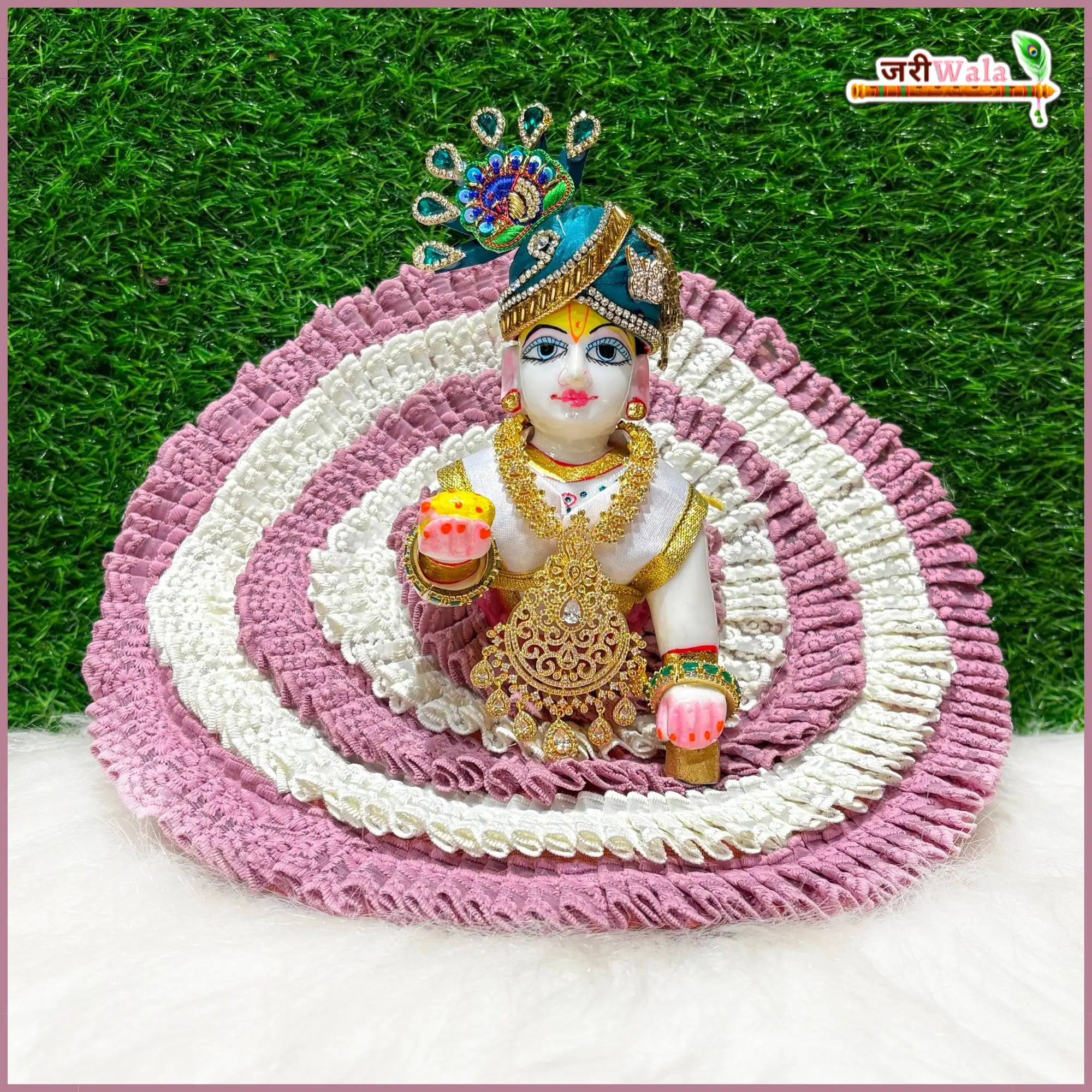 Handmade Designer Blended Frill Thread Work Poshak for Laddu Gopal & Kanha Ji - Elegant Pyazi & White Dress for Janmashtami Festival