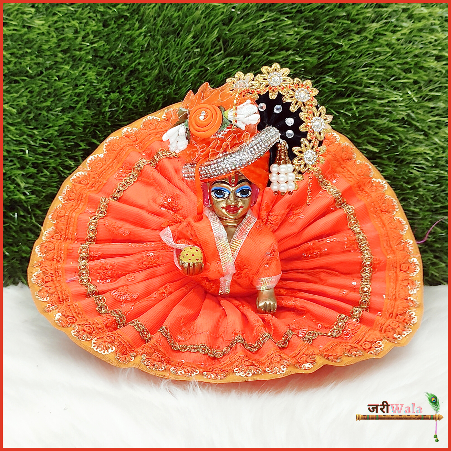 Handmade Blended Net Thread Lace Work Orange Laddu Gopal Dress | Designer Kanha Ji Poshak for Janmashtami | Fancy Bal Gopal & Krishna Ji Dress