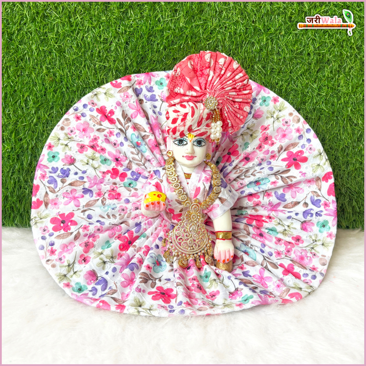 Handmade Cotton Floral Print Baby Pink Laddu Gopal Poshak - Designer Kanha Ji Dress for Janmashtami, Bal Gopal Fancy Dress, Krishna Ji Poshak