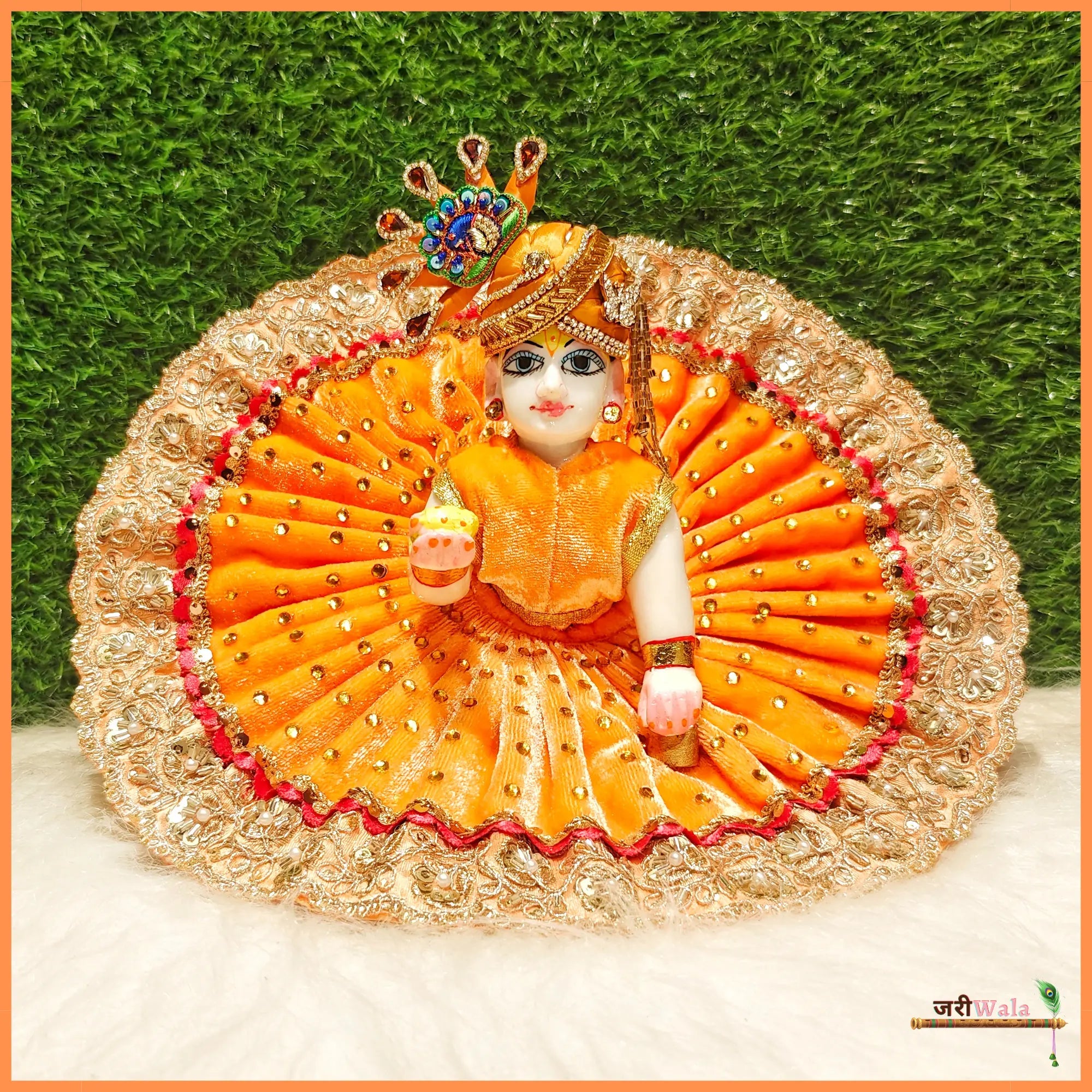 Handmade Designer Orange Laddu Gopal Dress with Cutdana Lace Work - Perfect for Janmashtami, Bal Gopal Poshak, and Krishna Ji Dress