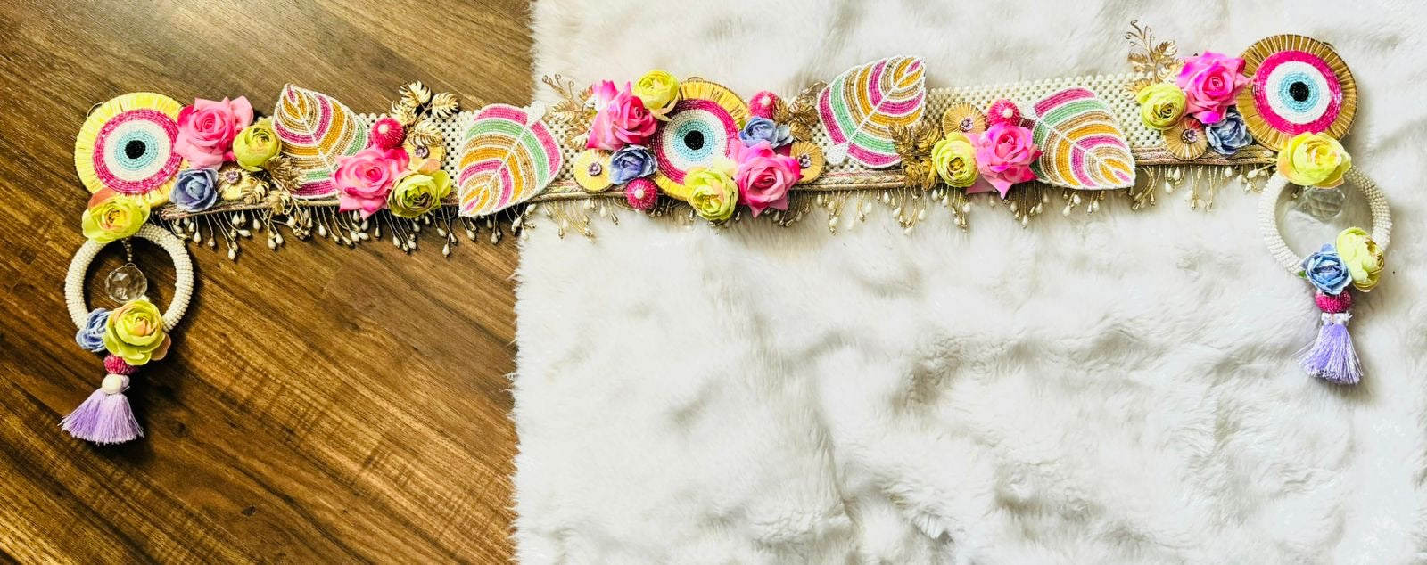 Handmade Luxe Pink Evil Eye Toran with Pearls - Perfect for Laddu Gopal Dress, Kanha Ji Poshak, Bal Gopal Dress & Janmashtami Celebrations