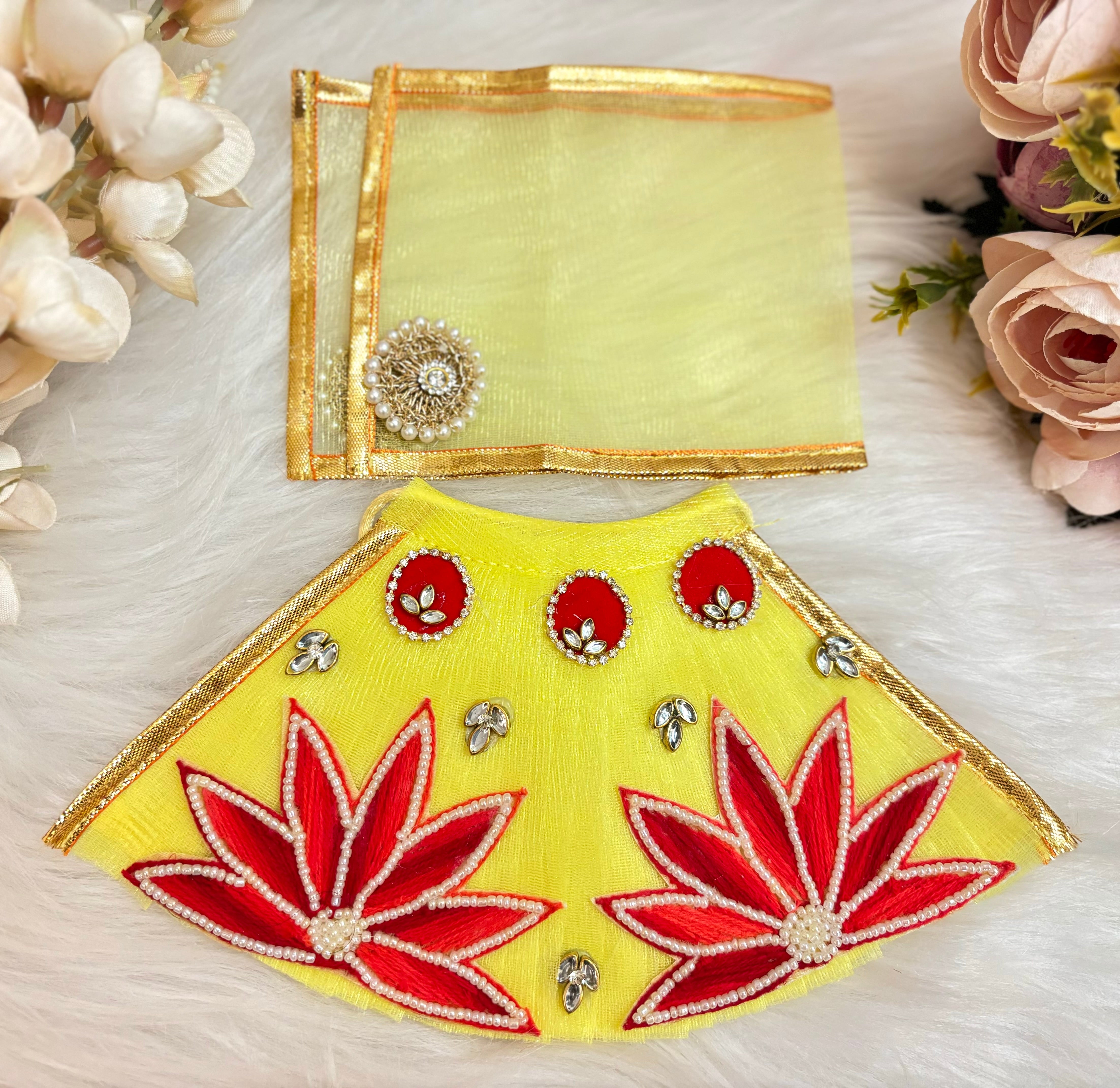 Handmade Designer Lime Lotus Lehenga & Dhoti Set - 6 Piece Laddu Gopal Dress for Janmashtami | Kanha Ji Poshak & Bal Gopal Dress