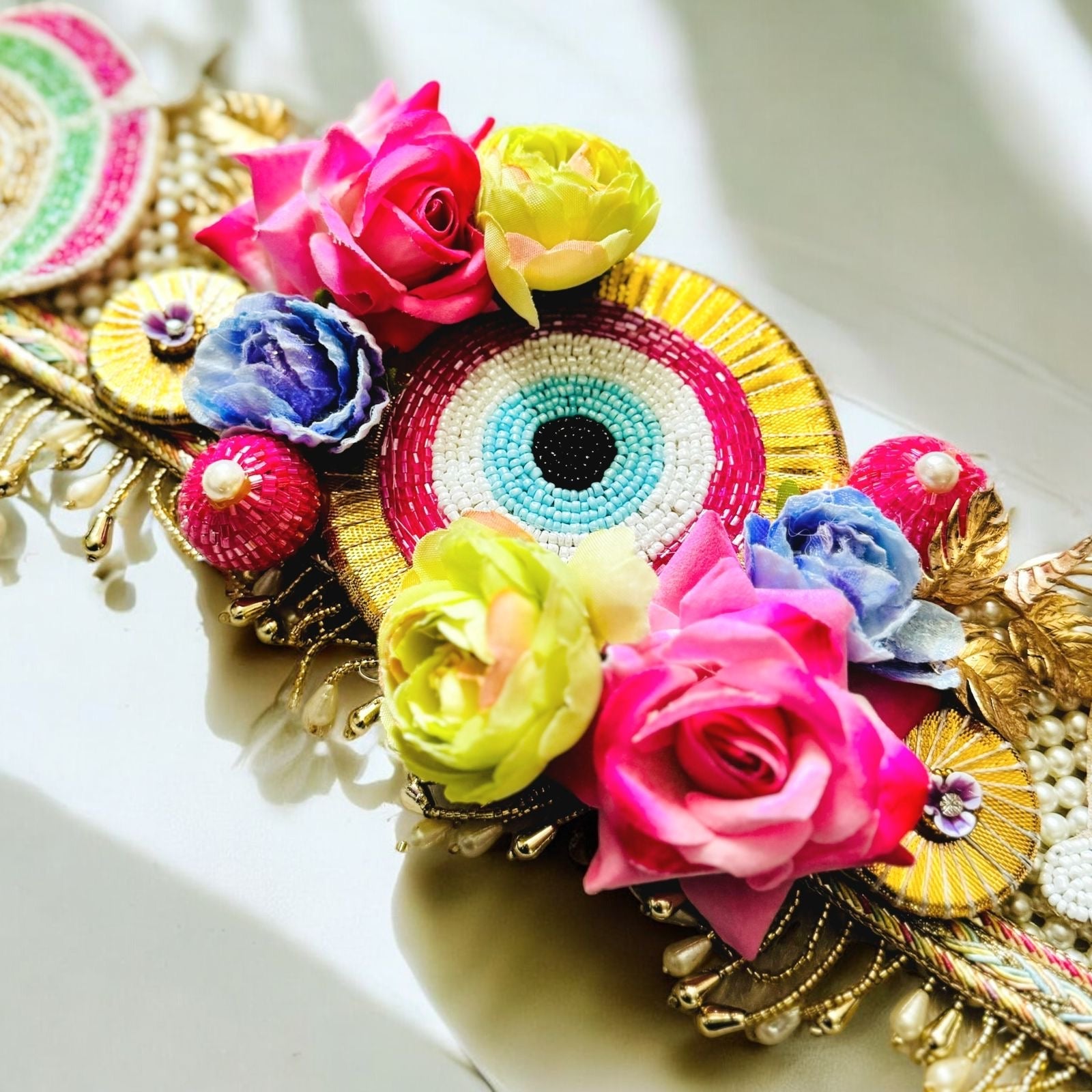 Handmade Luxe Pink Evil Eye Toran with Pearls - Perfect for Laddu Gopal Dress, Kanha Ji Poshak, Bal Gopal Dress & Janmashtami Celebrations