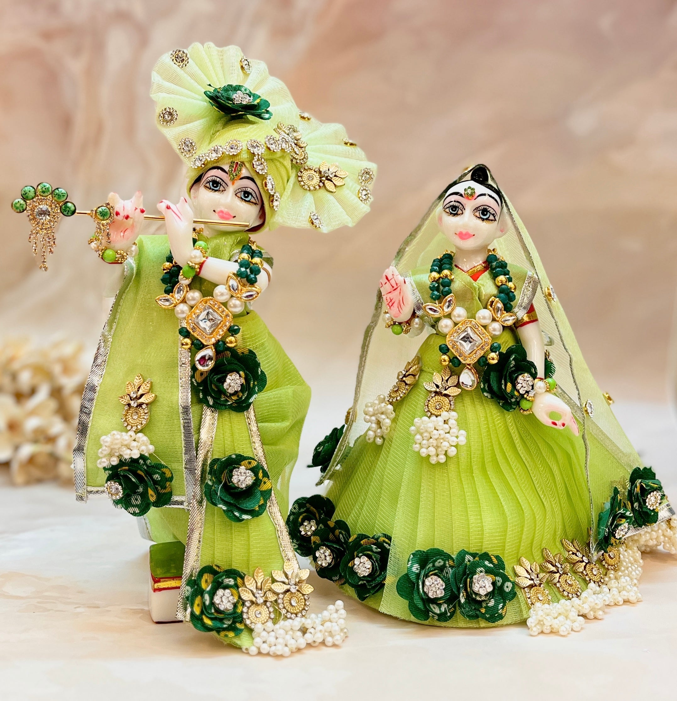 Handmade Green Pearl Lehenga & Dhoti Set for Laddu Gopal - 7 Piece Designer Dress for Janmashtami, Kanha Ji Poshak, Bal Gopal Dress