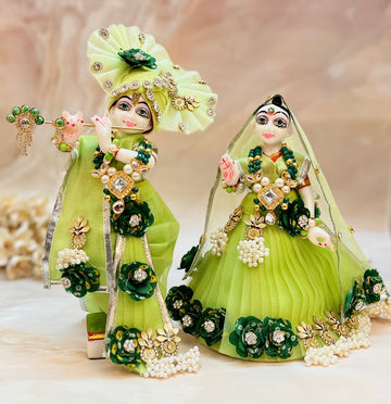 Handmade Green Pearl Lehenga & Dhoti Set for Laddu Gopal - 7 Piece Designer Dress for Janmashtami, Kanha Ji Poshak, Bal Gopal Dress