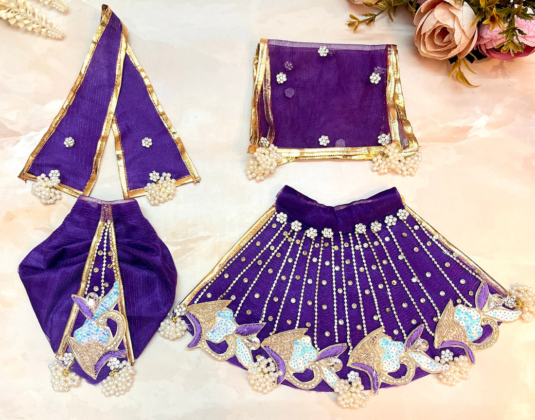 Handmade Dark Purple Lehenga & Dhoti Set for Laddu Gopal | Designer Kanha Ji Poshak | Bal Gopal & Krishna Ji Dress - 7 Piece Festival Outfit