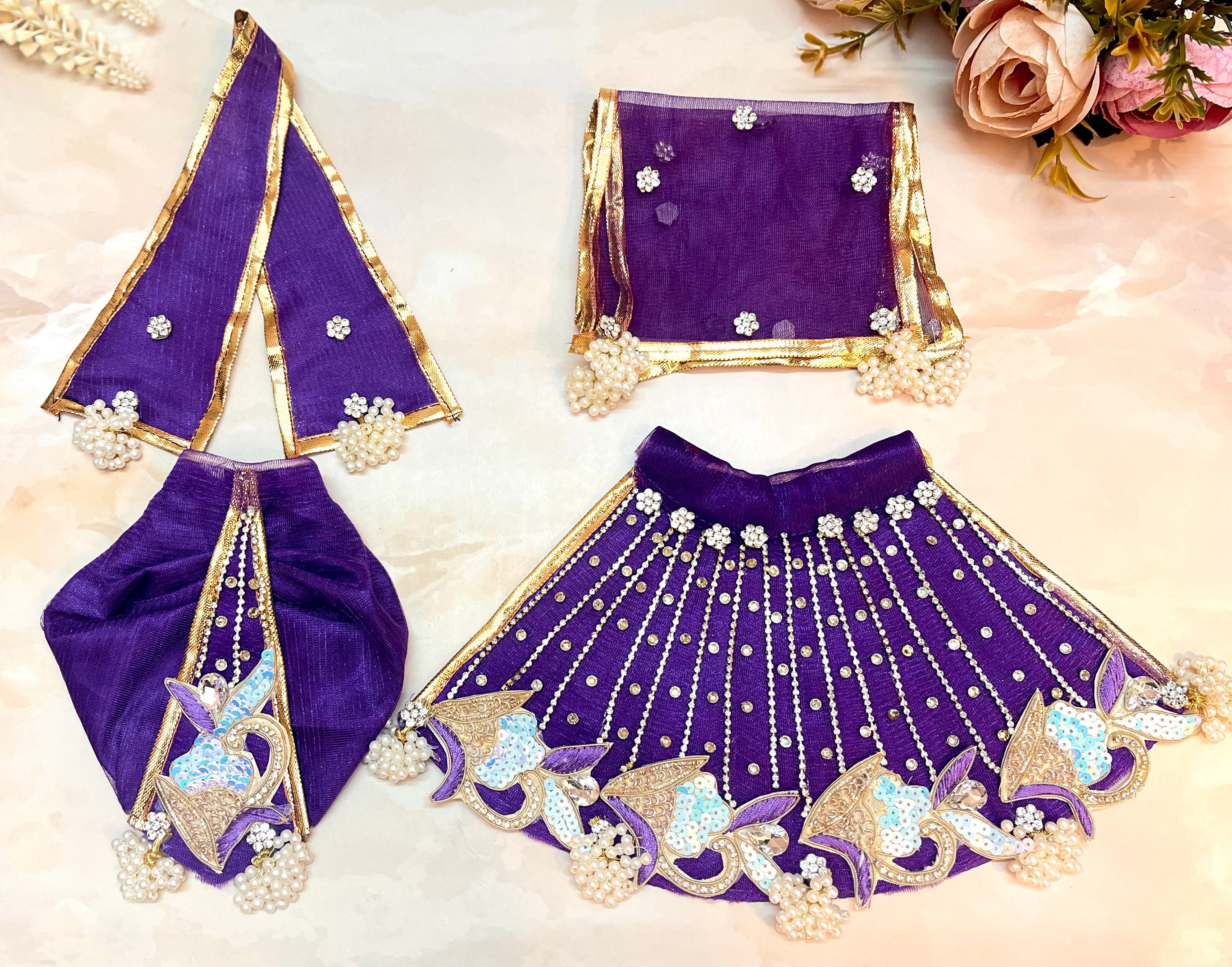 Handmade Dark Purple Lehenga & Dhoti Set for Laddu Gopal | Designer Kanha Ji Poshak | Bal Gopal & Krishna Ji Dress - 7 Piece Festival Outfit