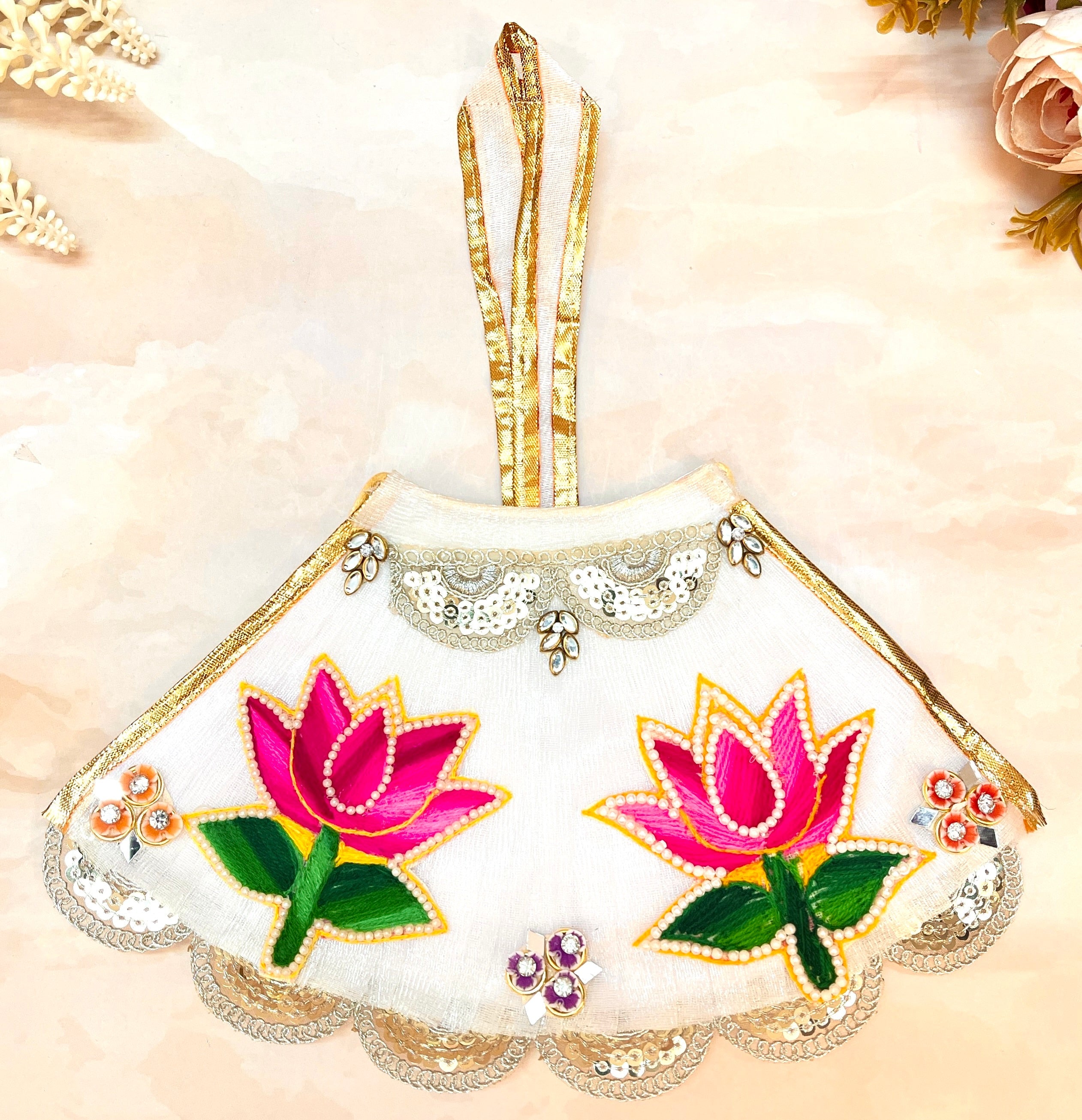 Handmade Designer Mata Rani White & Pink Lotus Lehenga Set - Perfect for Laddu Gopal Dress, Kanha Ji Poshak, Bal Gopal Dress for Janmashtami