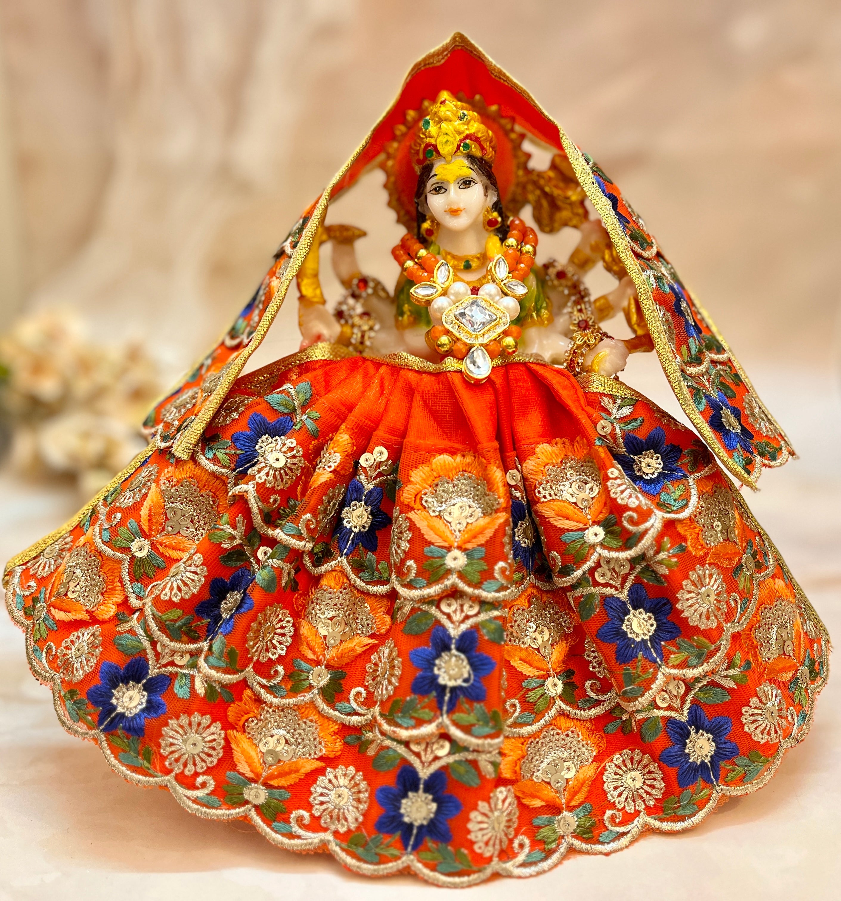 Handmade Designer Mata Rani Lehenga & Patka Set - Orange Flower | Perfect for Laddu Gopal Dress, Kanha Ji Poshak, and Janmashtami Celebrations