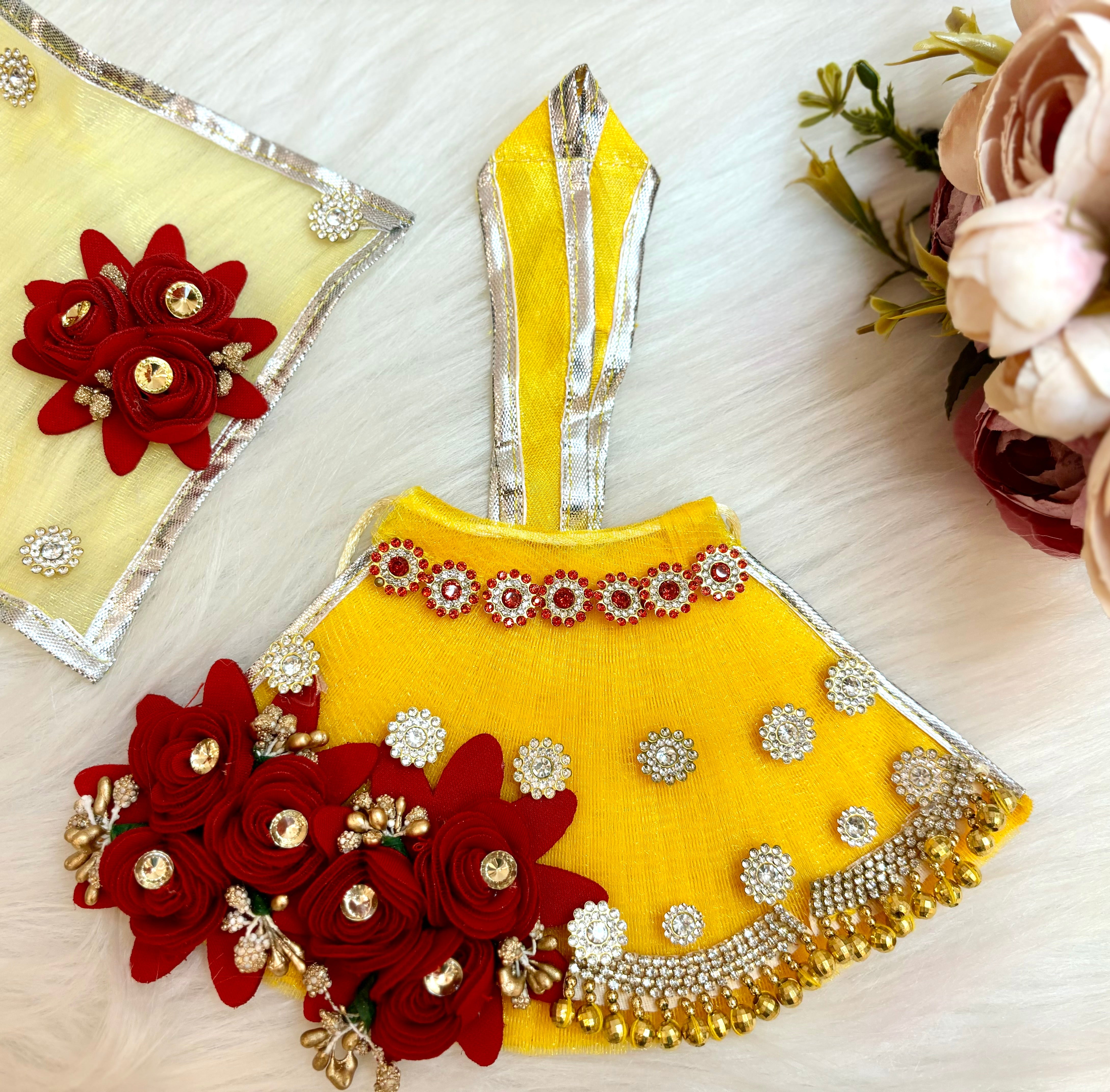 Handmade Designer Yellow & Maroon Flower Lehenga & Dhoti Set for Laddu Gopal, Kanha Ji, Bal Gopal & Krishna Ji - 7 Piece Festival Dress for Janmashtami